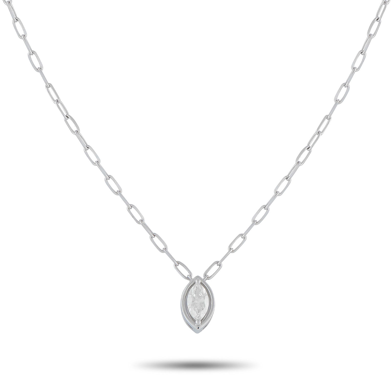 18K White Gold 0.50ct Diamond Pendant: A single 0.50 carat marquise cut Diamond makes a statement at the center of this exquisite necklace. Simple and elegant, the 18K White Gold pendant measures 0.38” long by 0.25” wide and is