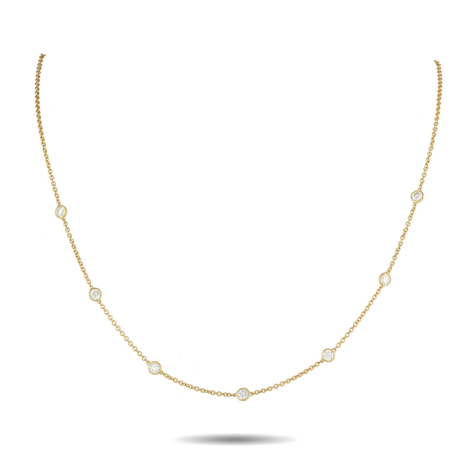 18K Yellow Gold 1.05ct Diamond Station Necklace: A series of round-cut Diamonds with a total weight of 1.05 carats make this necklace sparkle every time it catches the light. The perfect piece for any occasion, it’s crafted from opulent 18K Yellow