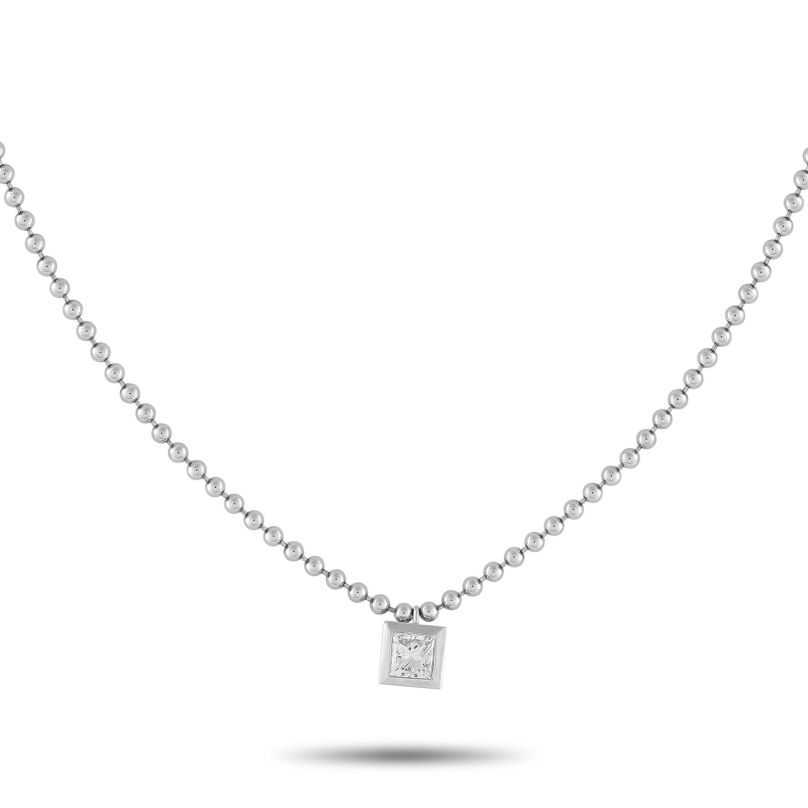 18K White Gold 0.52ct Diamond Necklace: This sophisticated necklace offers contemporary elegance. At the center of the 16” ball chain, an 18K White Gold square-shaped pendant measuring 0.25” long by 0.25” wide makes a subt