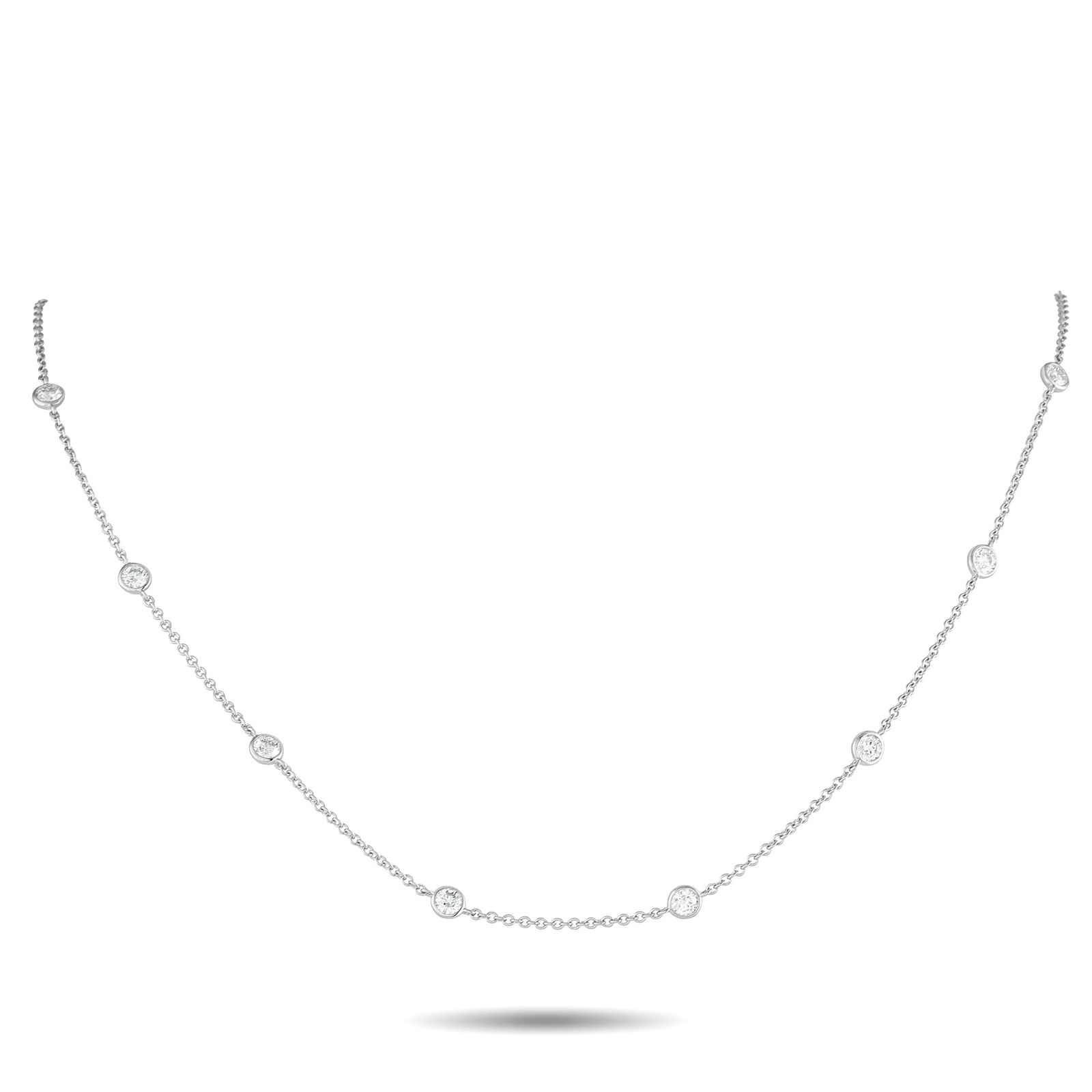 18K White Gold 1.50ct Diamond Station Necklace: This necklace will effortlessly elevate any ensemble. The delicate chain comes to life thanks to sparkling bezel set Diamonds totaling 1.50 carats. It’s crafted from 18K White Gold and measures 18&r