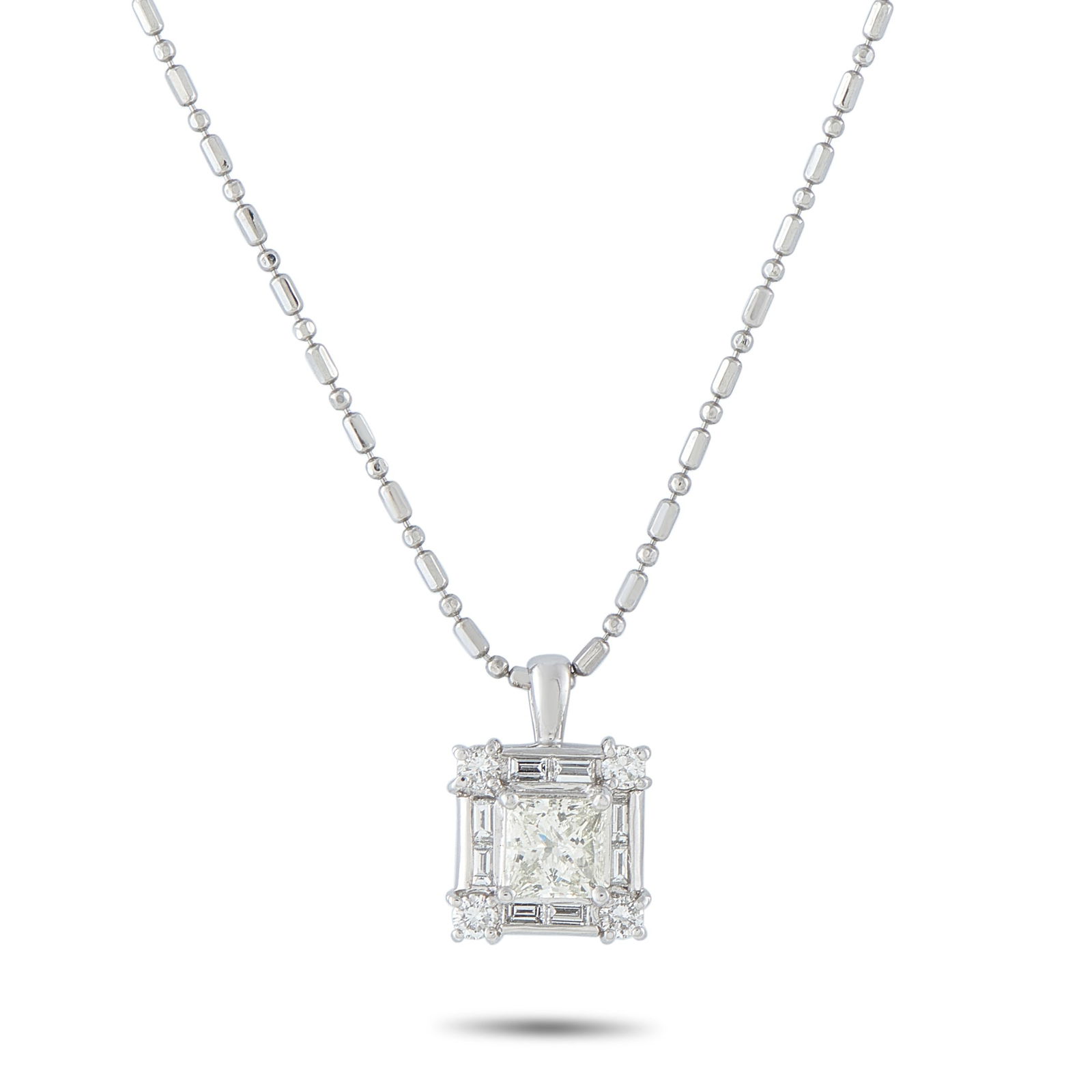 Platinum 1.53ct Diamond Pendant: This necklace will add a touch of sparkle to any ensemble. A 1.0 carat square-cut Diamond makes a statement at the center of this piece’s pendant, while additional Diamond accents totaling 0.53 cara