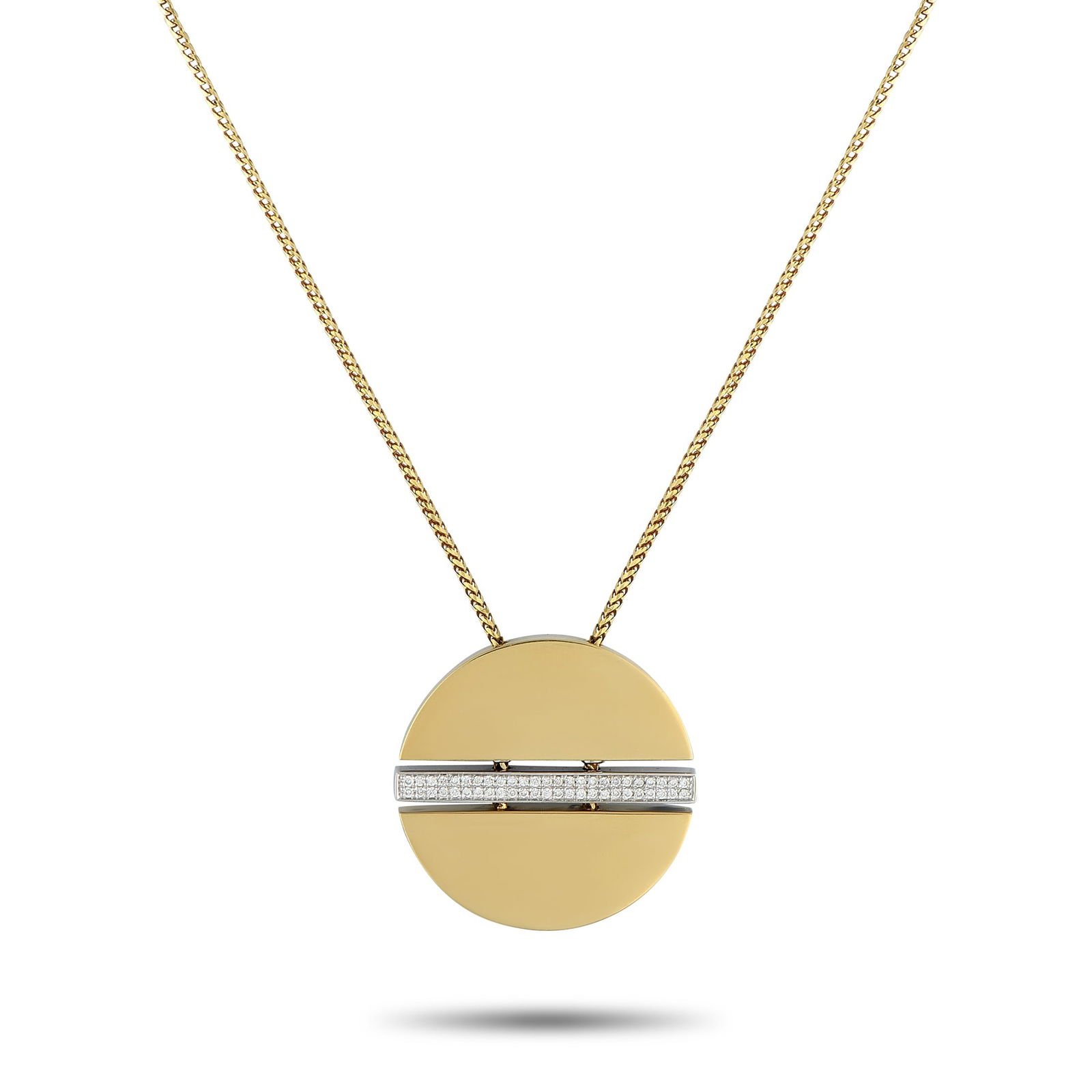 Movado 18K Yellow Gold 0.25ct Diamond Necklace: Movado’s iconic dot takes on a new form in this simple yet captivating necklace. This minimalist piece, crafted in 18K yellow gold, features a disc pendant divided in half by a vertical bar of pavé
