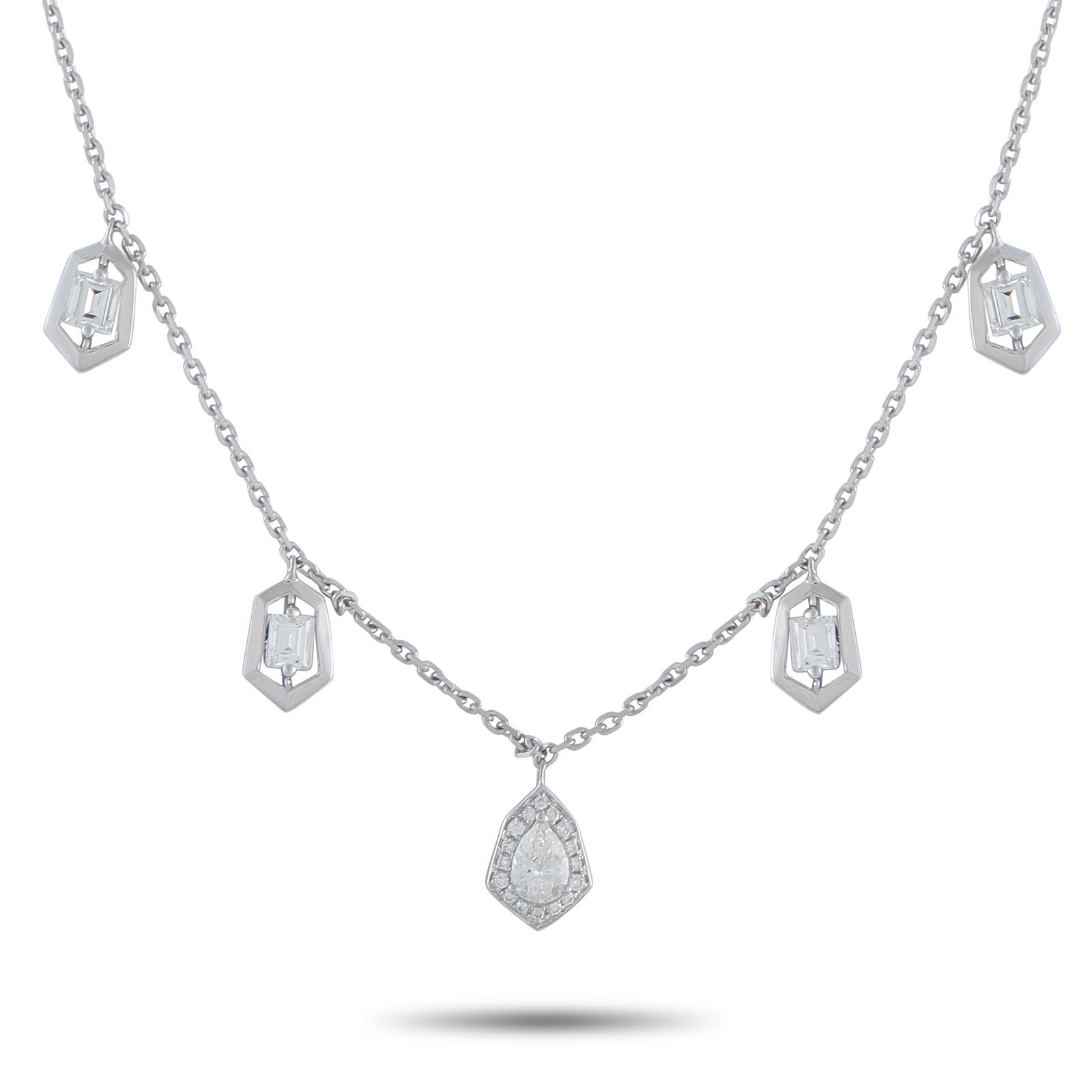 18K White Gold 1.37ct Diamond Necklace: This luxury necklace will add charm and sophistication to any ensemble. Set in 18K White Gold, a series of pendants are suspended from this piece’s delicate 18” chain. Diamonds with a total we