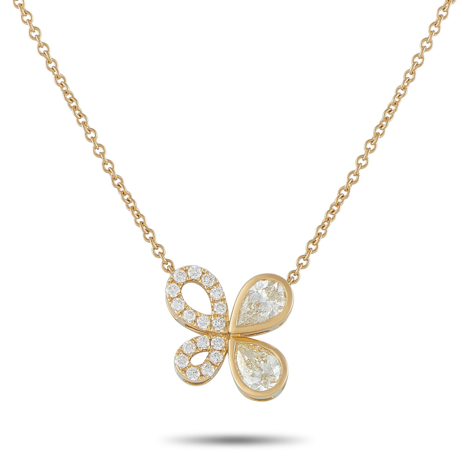 18K Yellow Gold 1.70ct Diamond Asymmetrical Butterfly Necklace: Polished yet wearable, this necklace is made to be worn from morning through evening without effort. It is crafted in yellow gold and features a butterfly-inspired pendant defined by an asymmetrical f
