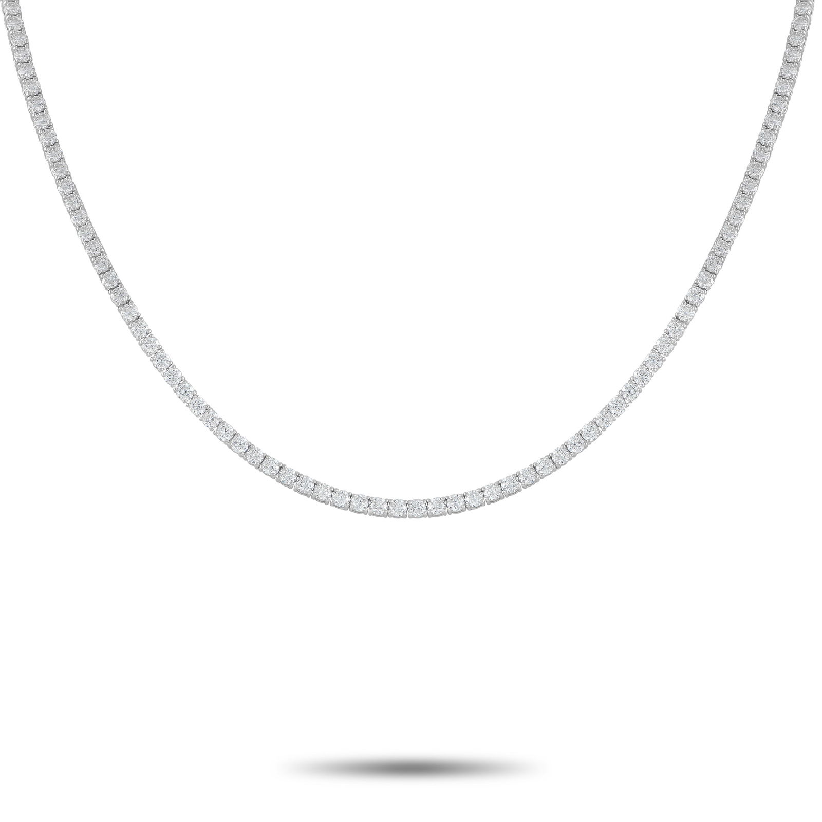 14K White Gold 11.10ct Lab-Grown Diamond Tennis Necklace: This classic tennis necklace is incredibly chic. A series of Lab Grown Diamonds with a total weight of 11.10 carats effortlessly catch the light, making this piece endlessly impressive. Simple, elegan