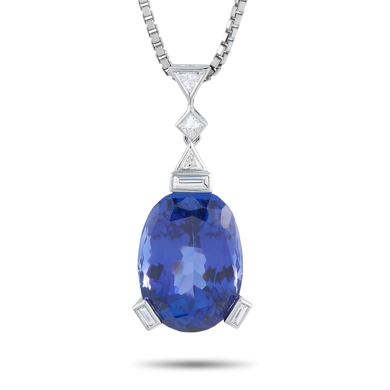 Platinum 0.30ct Diamond and Tanzanite Necklace: This exquisite necklace will add a touch of opulence to any ensemble. Suspended from a sleek 19” box chain, the shimmering platinum pendant comes to life thanks to a 12.66 carat tanzanite gemsto