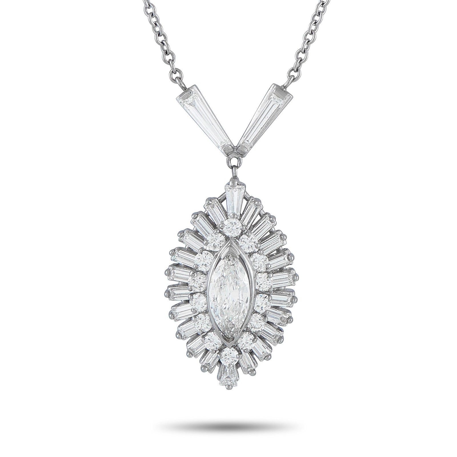 Vintage 18K White Gold 2.45ct Diamond Necklace: This vintage necklace will instantly add a touch of sparkle to any ensemble. Set in 18K White Gold, the pendant seemingly radiates light thanks to an 0.80 carat Diamond center stone. Together, it feat
