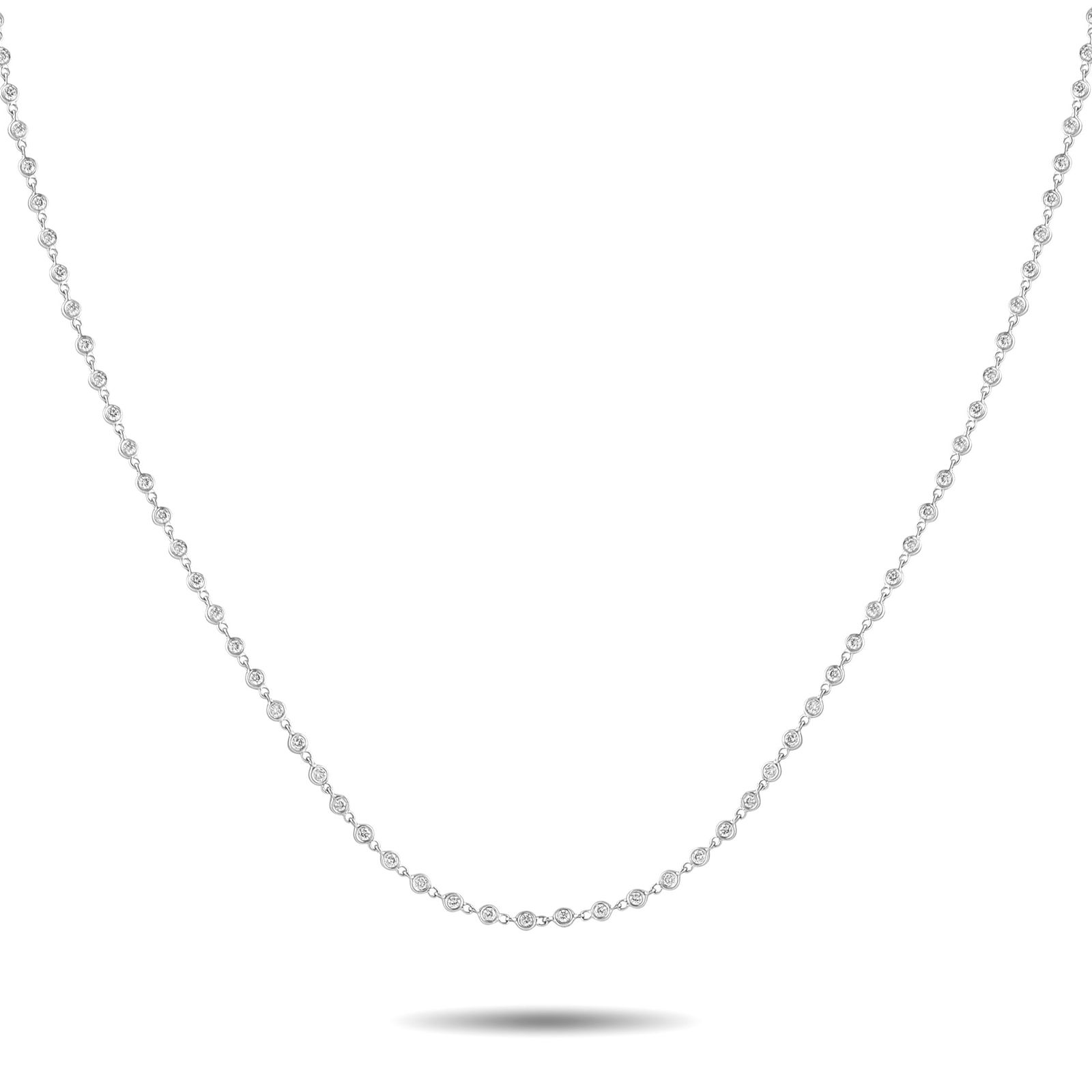18K White Gold 4.50ct Diamond Necklace: This necklace is ideal for anyone who appreciates understated elegance. The entire 18K White Gold chain is elevated by sparkling Diamonds with a total weight of 4.50 carats. It measures 34” long