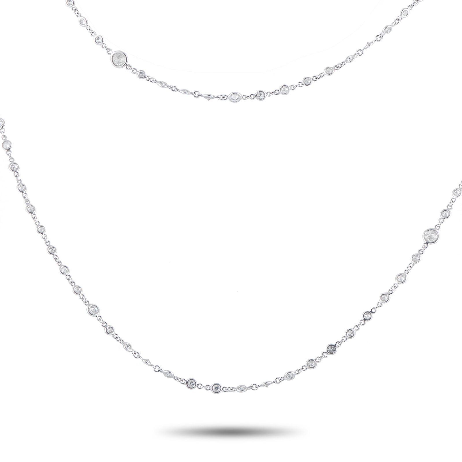 Platinum 9.47ct Diamond Necklace: Bezel set Diamonds with a total weight of 9.47 carats make this luxury necklace simply unforgettable. Elegant and understated, the delicate Platinum chain measures 58? long and allows the wearer to cr