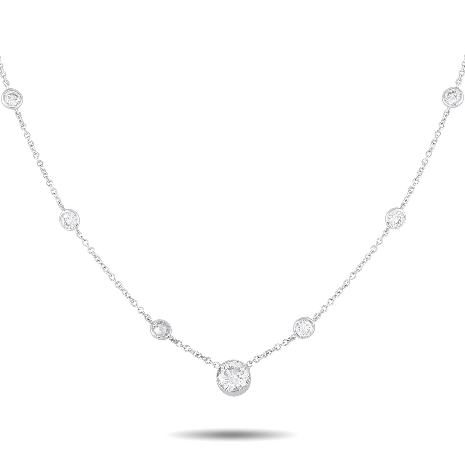 18K White Gold 3.50ct Diamond Station Necklace: Bezel-set Diamonds make this elegant 18K White Gold necklace a stunning piece that will continually capture your imagination. The minimalist design features a 17.50” chain elevated by a series o