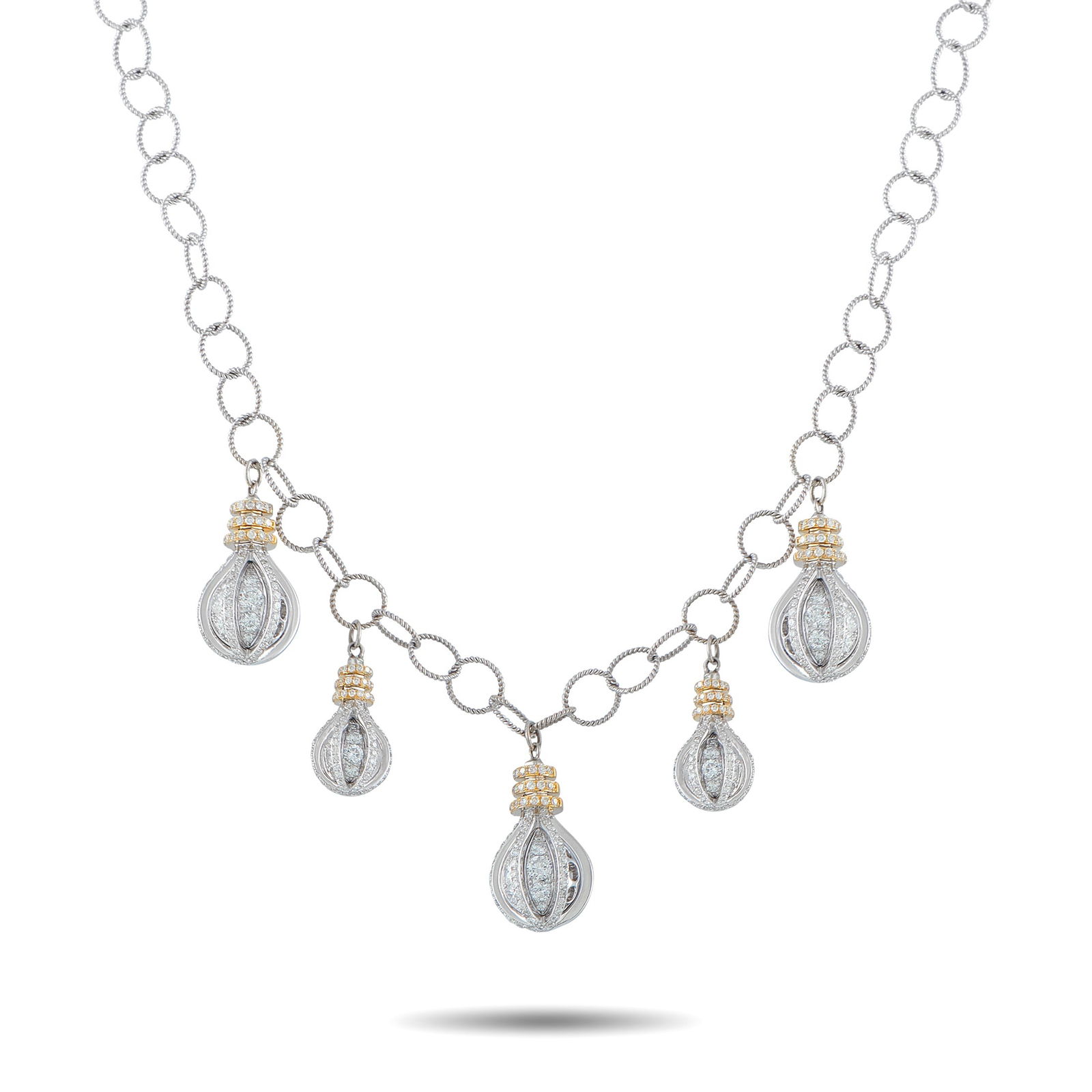 18K White and Yellow Gold 3.25ct Diamond Necklace: This luxury necklace features a delicate, airy design that will complement any ensemble. On this elegant accessory, a series of bulb-shaped pendants set in a combination of 18K Yellow Gold and 18K Whi