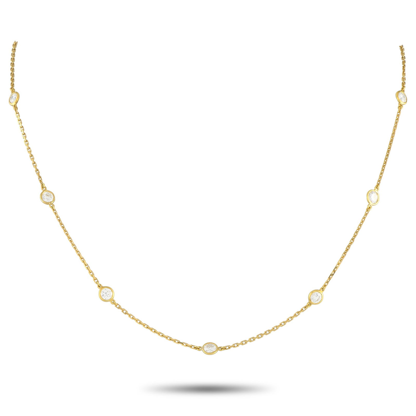 Tiffany & Co. Elsa Peretti Diamonds by the Yard 18K Yellow Gold 2.50ct Diamond Necklace: From Tiffany’s Diamonds by the Yard collection, this necklace designed by Elsa Peretti features an 18K yellow gold cable chain punctuated by bezel-set round brilliant diamonds totaling 2.50 carats.