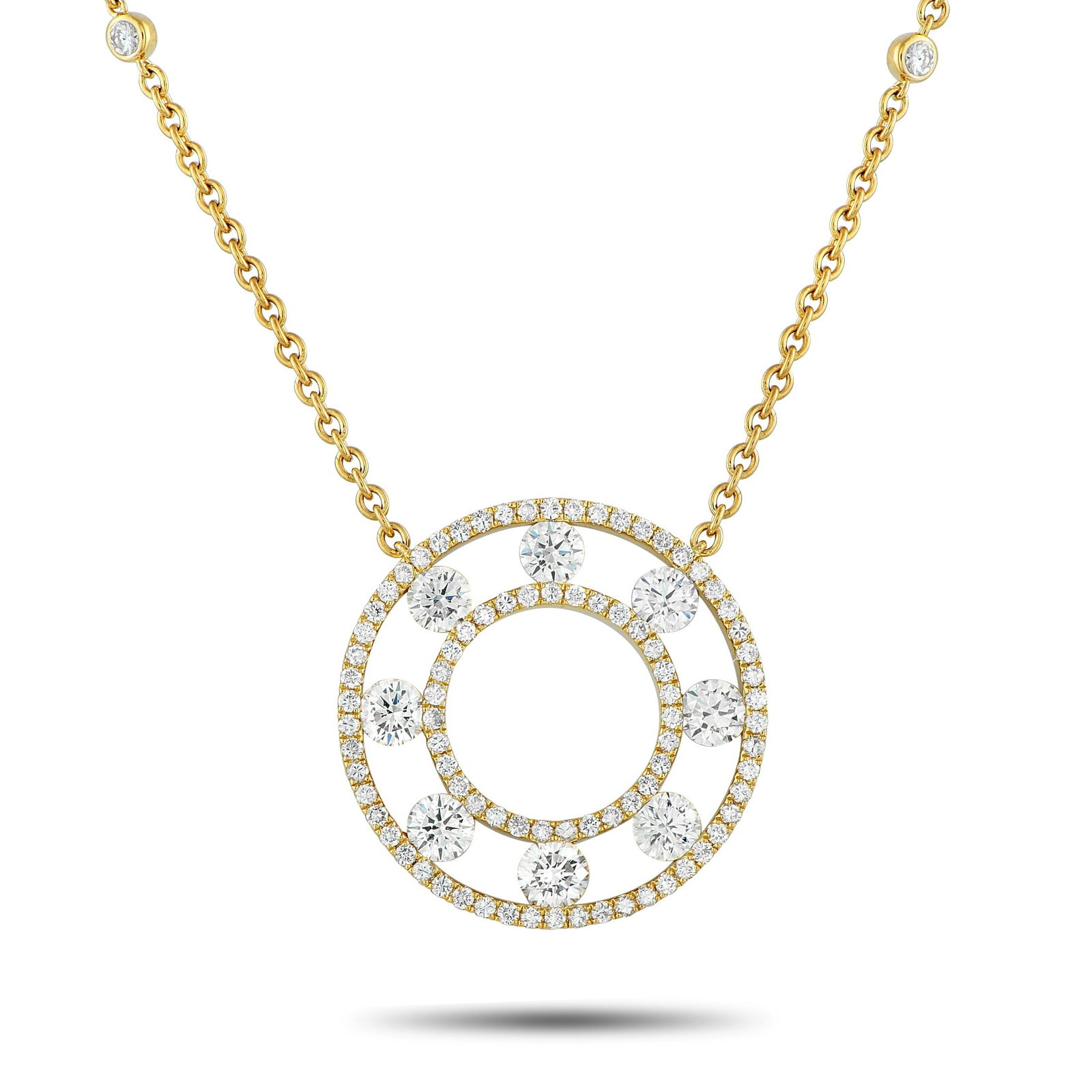 18K Yellow Gold 1.70ct Diamond Necklace: This breathtaking 18K Yellow Gold necklace is meant to make a statement. A circular pendant measuring 1.19” round serves as a stunning focal point. Diamonds with a total weight of 1.70 carats el
