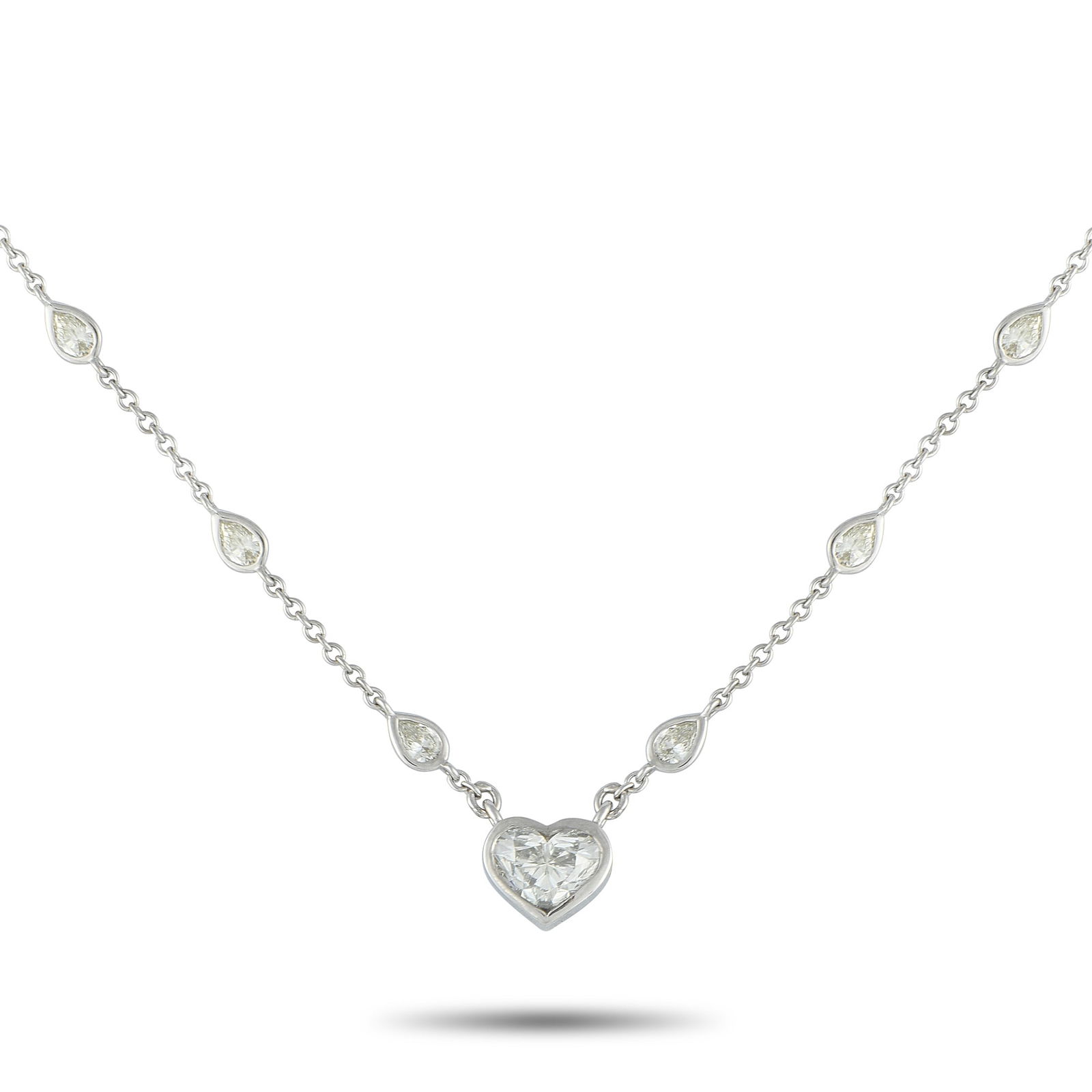 18K White Gold 3.81ct Diamond Heart Necklace: This stylish necklace will continually make a statement. Sparkling Diamonds with a total weight of 2.30 carats elevate the delicate chain. A heart-shaped pendant at the center shines to life thanks to