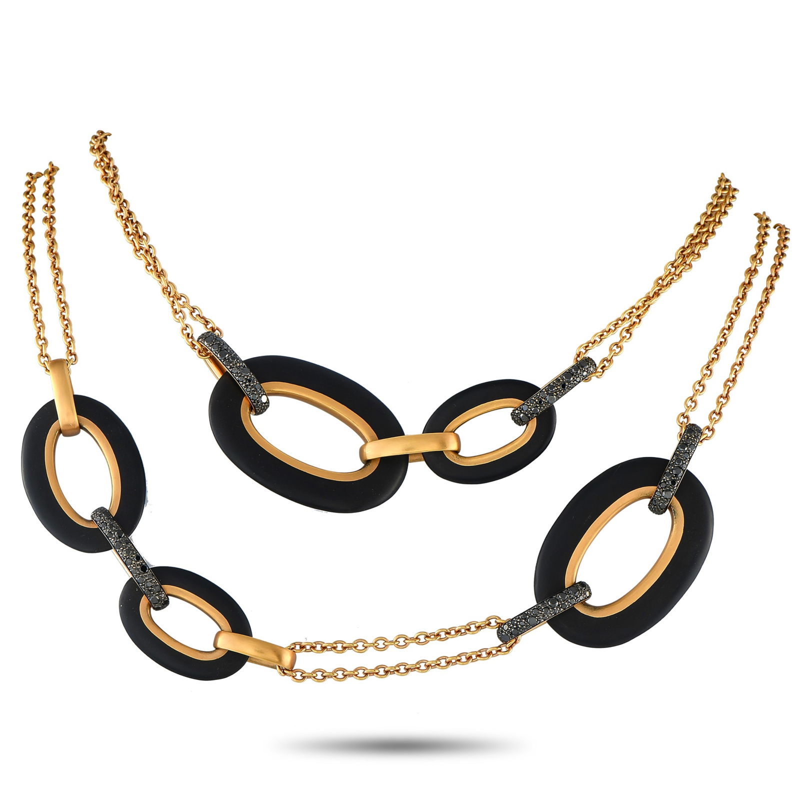 Pomellato Victoria 18K Rose Gold 4.70ct Diamond and Black Jet Necklace: Take any ensemble to the next level by adding this bold Pomellato Victoria necklace. Oversized Black Jet links contrast beautifully against the 18K Yellow Gold chain. Diamonds with a total weight of 4