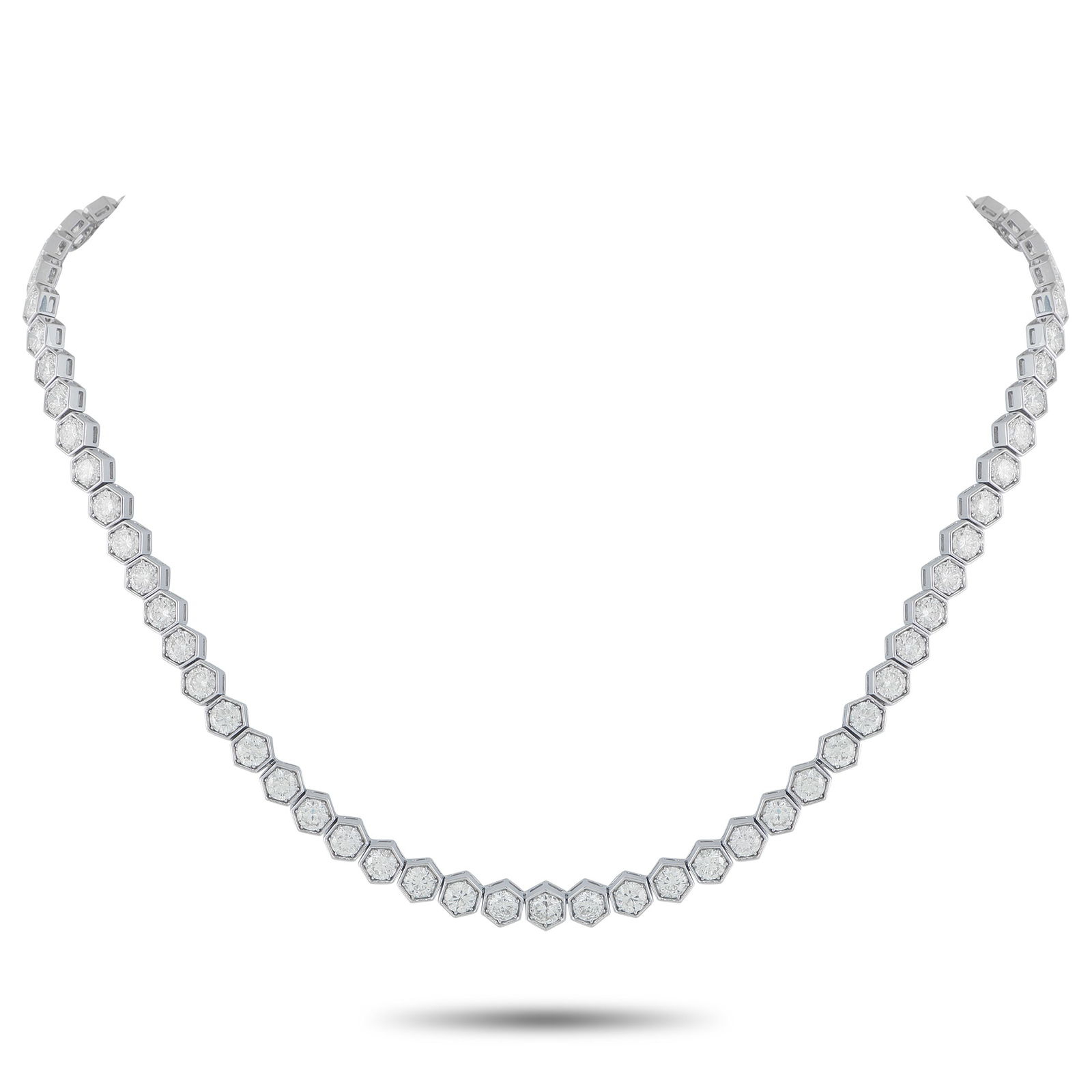 18K White Gold 22.25ct Diamond Necklace: A sleek, contemporary design makes this luxury necklace simply unforgettable. On this exquisite accessory, hexagonal links crafted from 18K White Gold beautifully showcase Diamonds with a total weight
