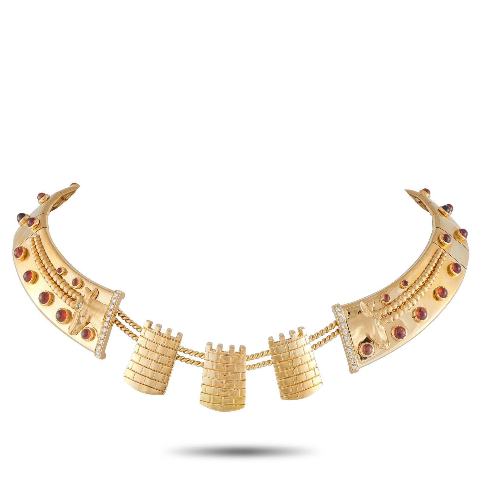 Mouawad 18K Yellow Gold 0.64ct Diamond and Garnet Necklace: This impressive necklace by Mouawad reflects the maison’s reputation for narrative-driven design and historical reference. Known for creating pieces that draw from mythology, royalty, and ancient ci