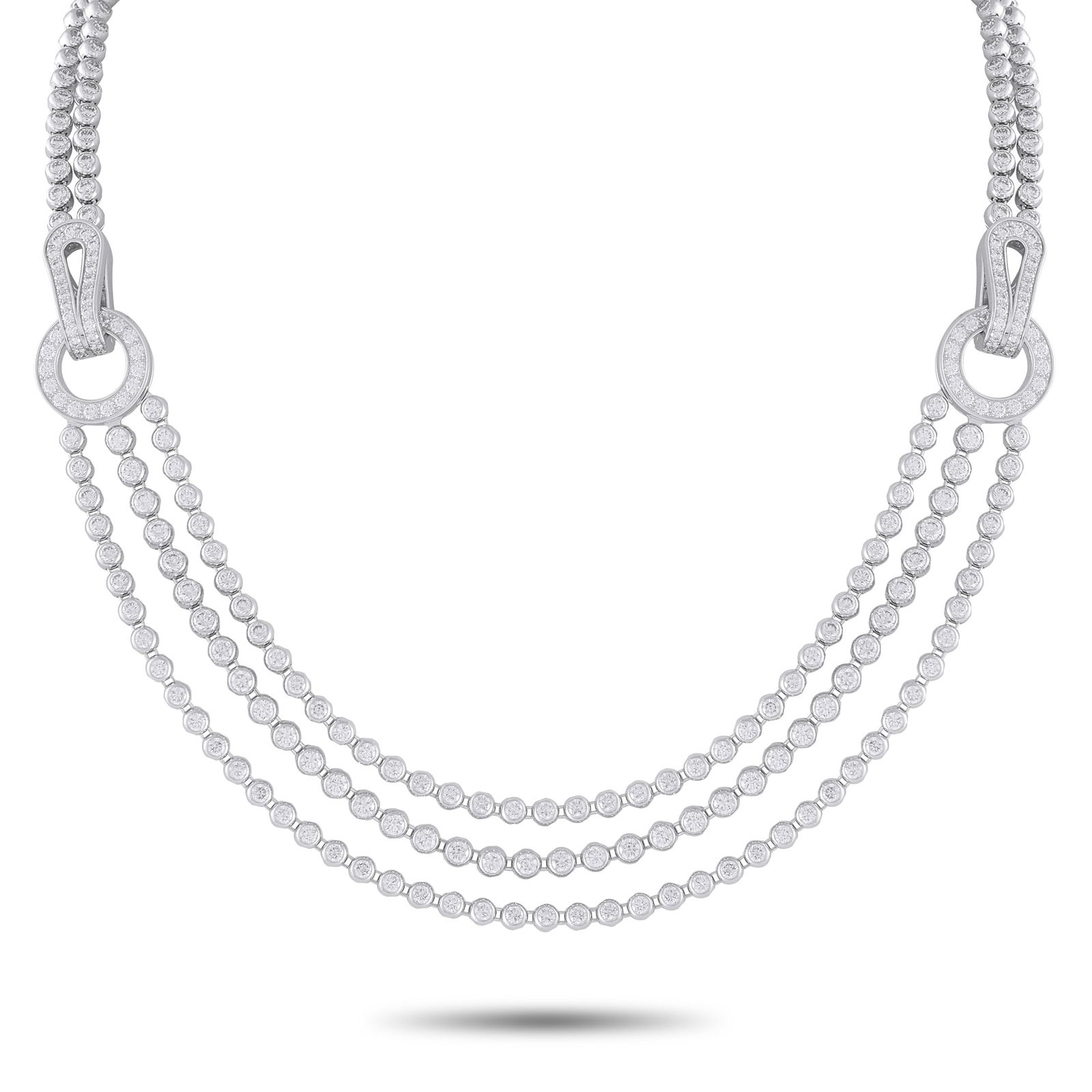Cartier Agrafe 18K White Gold 12.19ct Diamond Necklace: Inspired by couture, this stunning Cartier Agrafe necklace brings fluid, airy details to any jewelry collection. Set in 18K White Gold, this multi-strand necklace effortlessly catches the light thanks