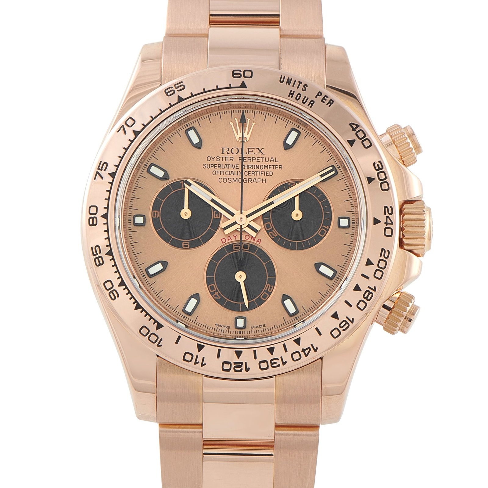 Rolex Daytona Rose Dial Everose Gold Watch 116505: With a tone-on-tone approach, this Rolex Cosmograph Daytona ref. 116505 presents the chronograph in full Everose gold. The rose dial aligns closely with the warmth of the case, bezel, and bracelet, al