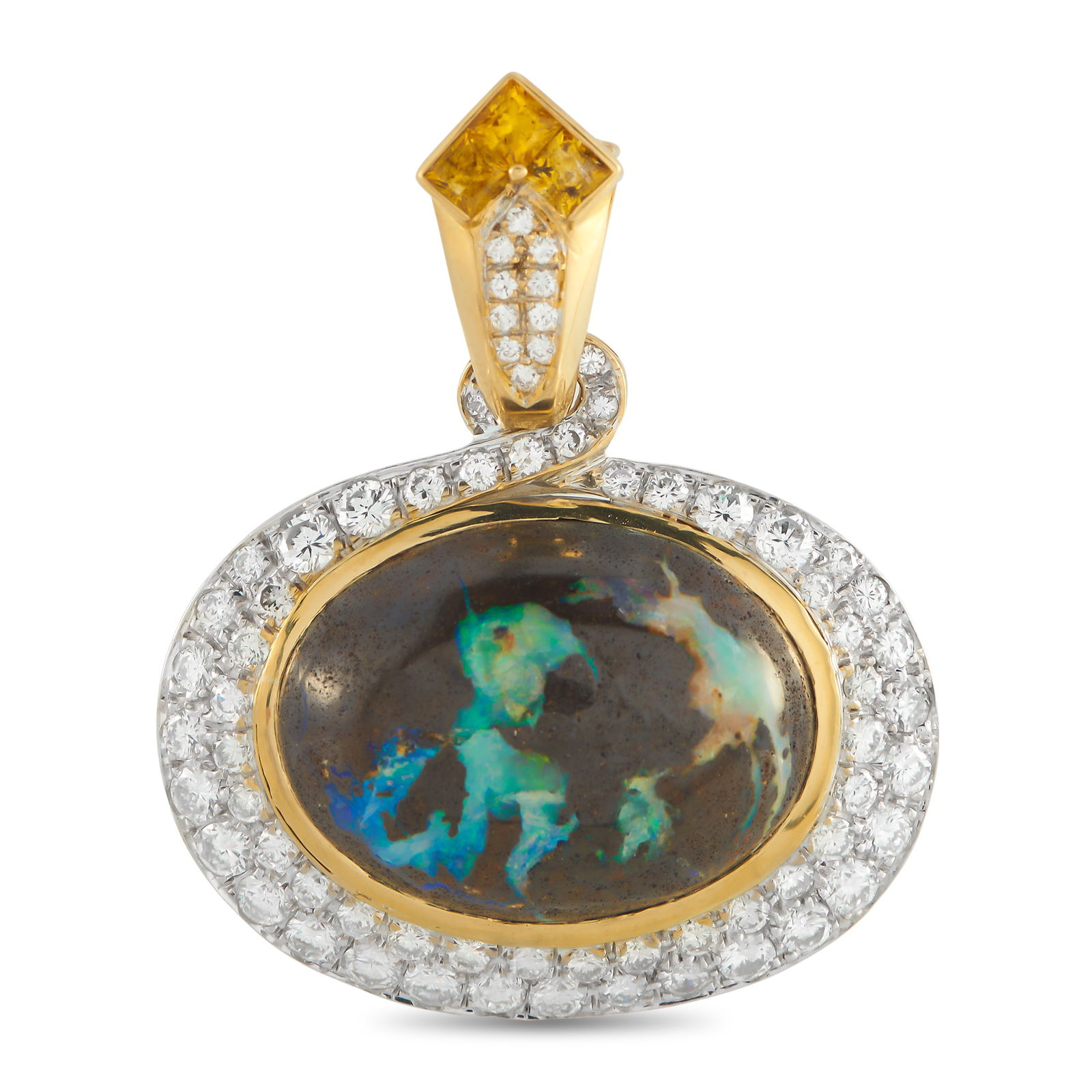 18K Yellow Gold 1.50ct Diamond and Boulder Opal Pendant: 18K Yellow Gold 1.50ct Diamond and Boulder Opal Pendant A vibrant Boulder Opal gives this luxury pendant an otherworldly quality. Sophisticated and incredibly captivating, Diamonds with a total weight