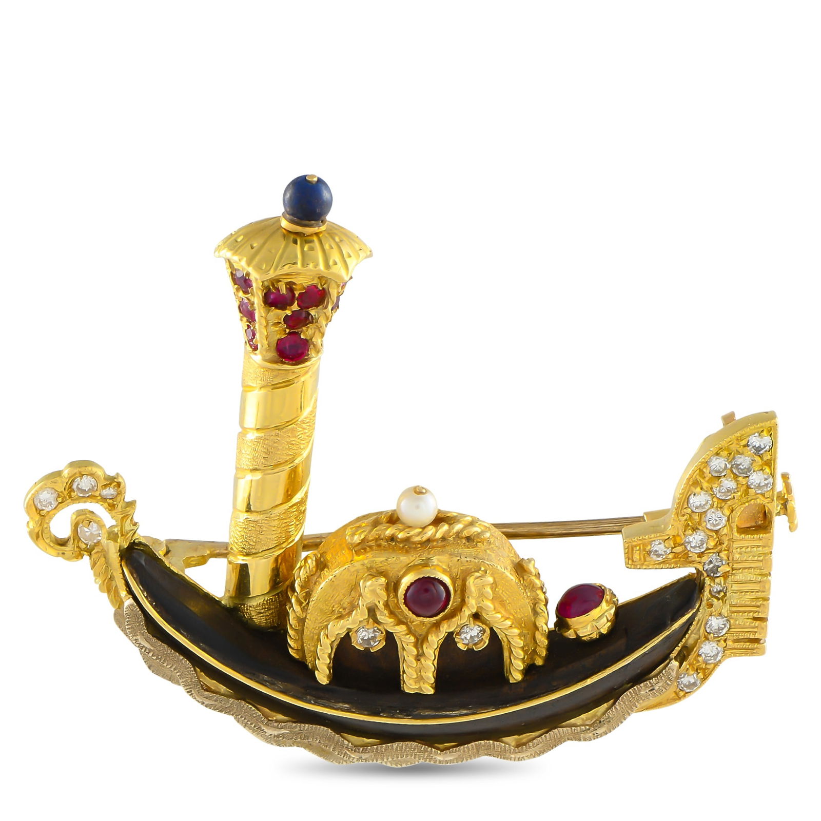 18K Yellow Gold and Bog Oak Diamond, Sapphire, and Ruby Gondola Brooch: Romantic and imaginative, this brooch celebrates a Venetian icon. Opulent 18K Yellow Gold contrasts beautifully against this piece’s Bog Oak base. Diamond and Ruby accents add additional elegance to