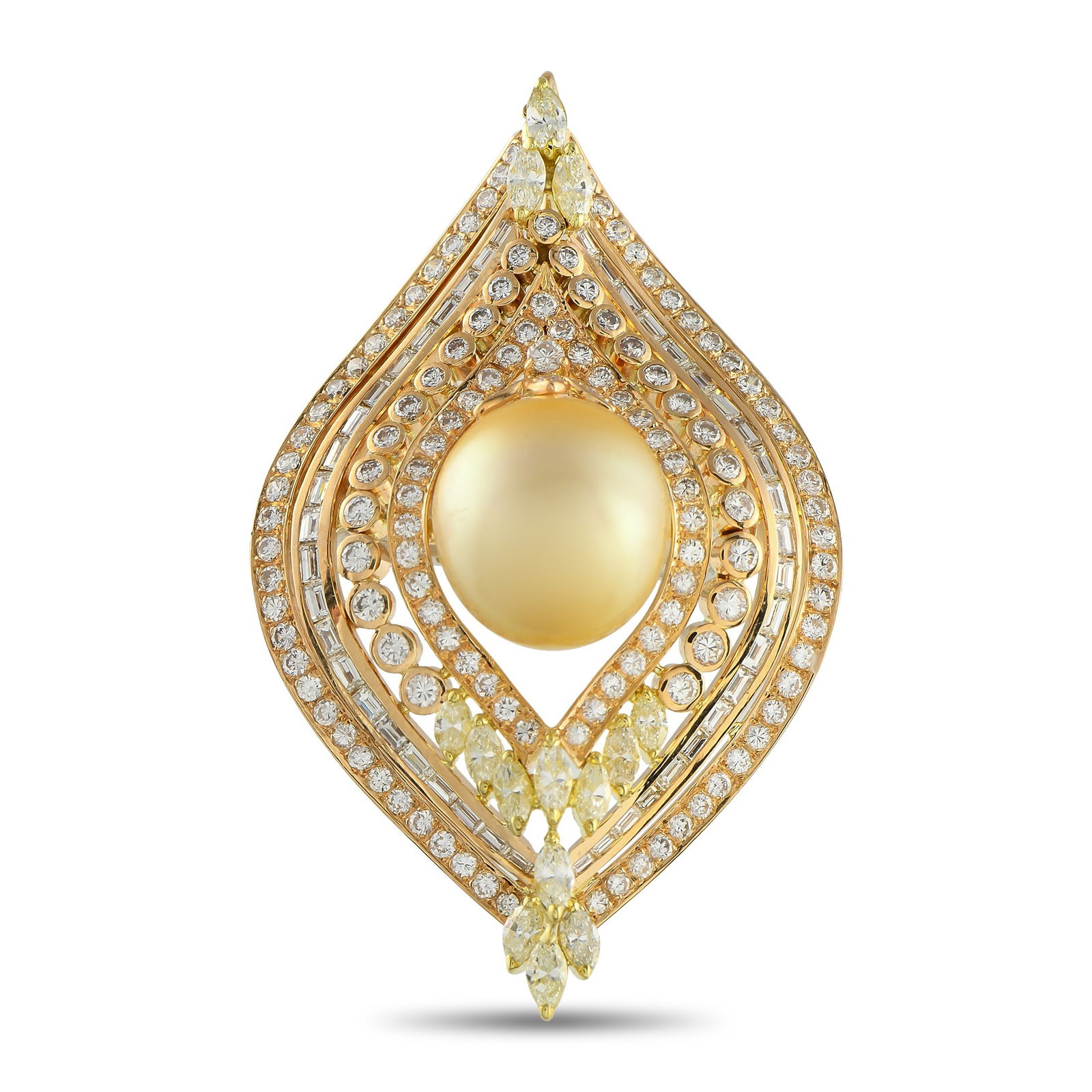 18K Yellow Gold 6.96ct Diamond and Gold Pearl Pendant: This impeccably crafted pendant exudes vintage elegance. The opulent 18K Yellow Gold setting beautifully showcases an array of sparkling Diamonds with a total weight of 6.96 carats. At the center, a l