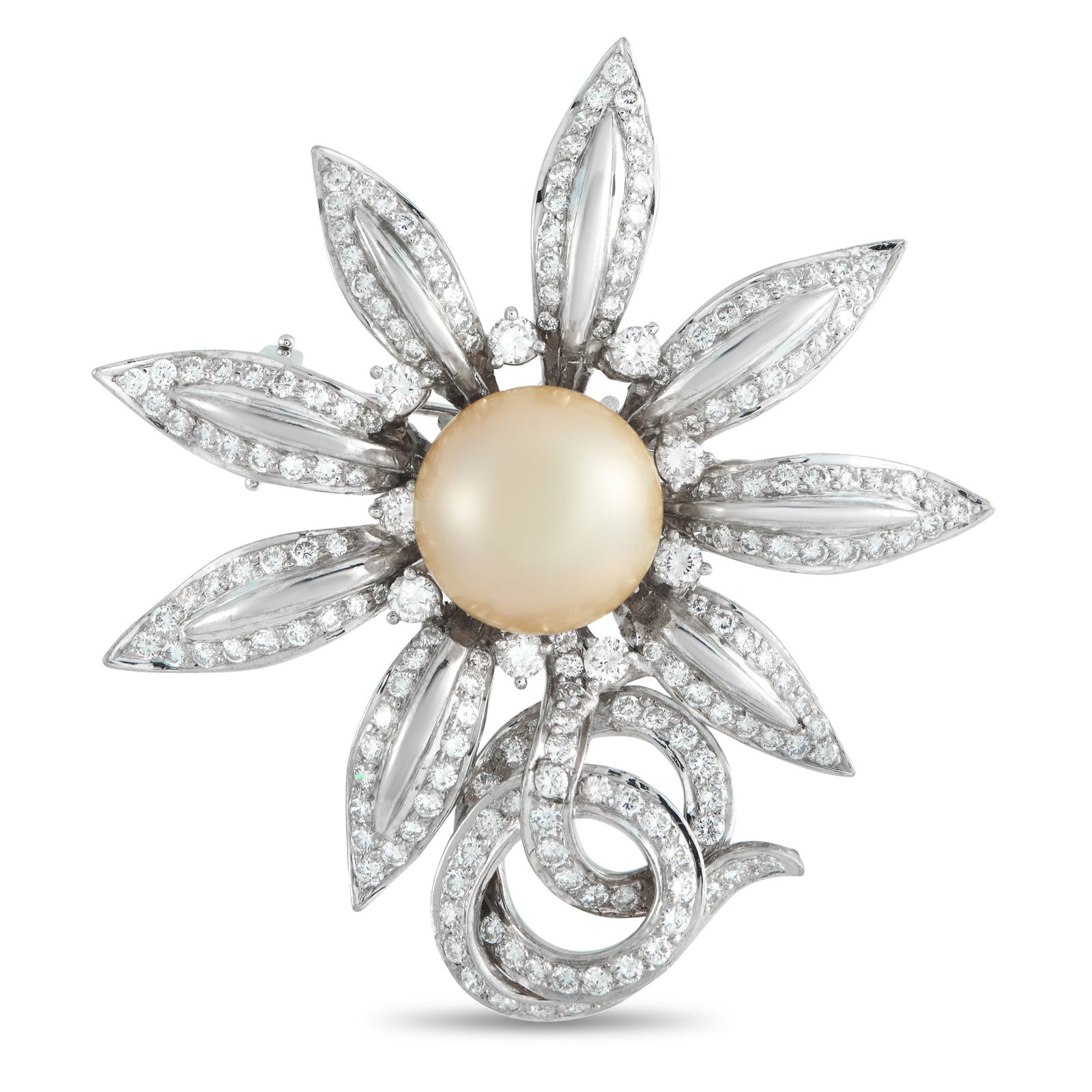 Platinum 5.50ct Diamond and Pearl Sunflower Brooch: Drawn from nature and rendered in platinum, this sunflower brooch centers on a 16mm champagne pearl set prominently at its heart. Radiating outward are pointed petals in polished platinum, their edges