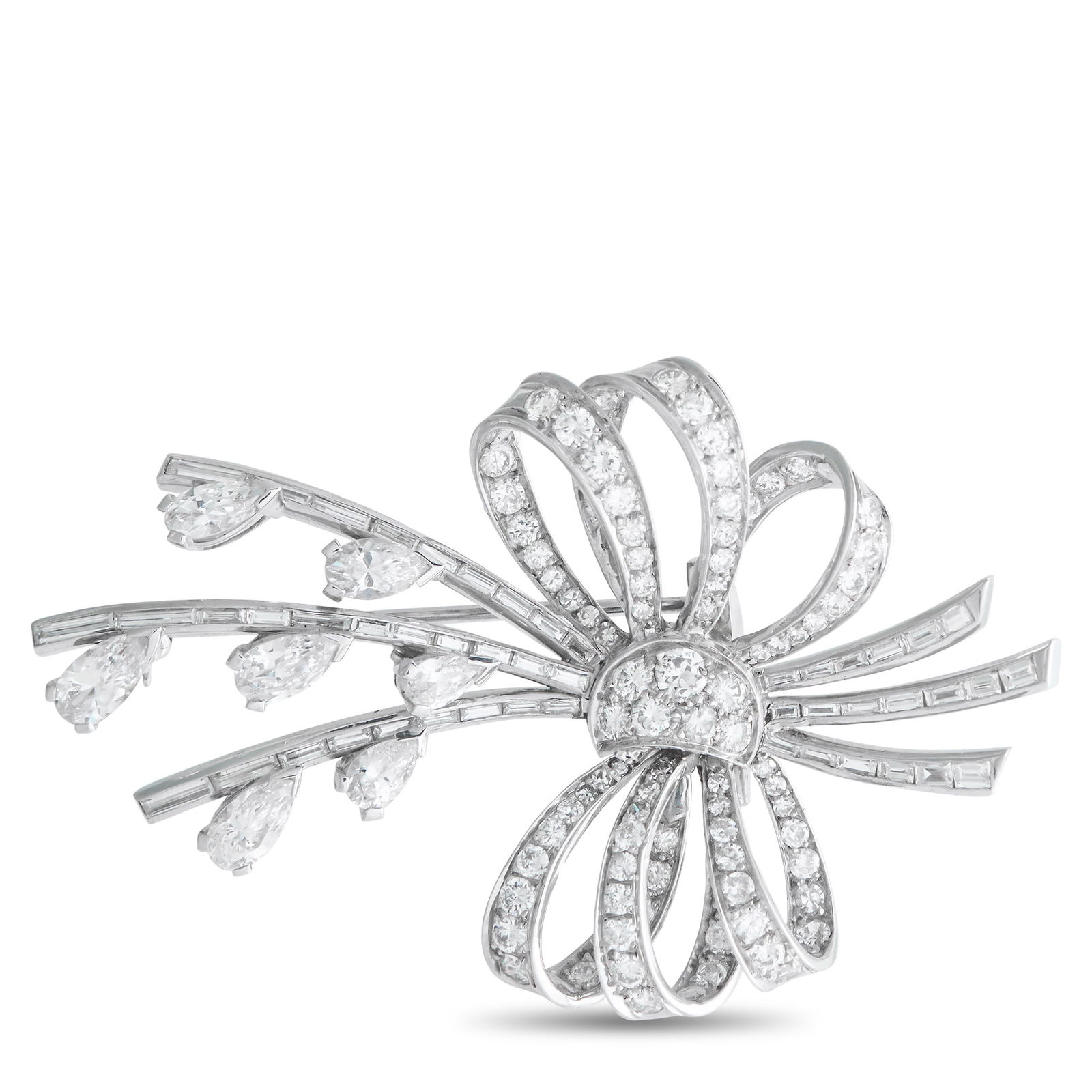 Platinum 6.25ct Diamond Brooch: An intricate Platinum setting makes this luxury brooch simply breathtaking. The dramatic design showcases sparkling Diamonds with a total weight of 6.25 carats, which allow this piece to effortlessly