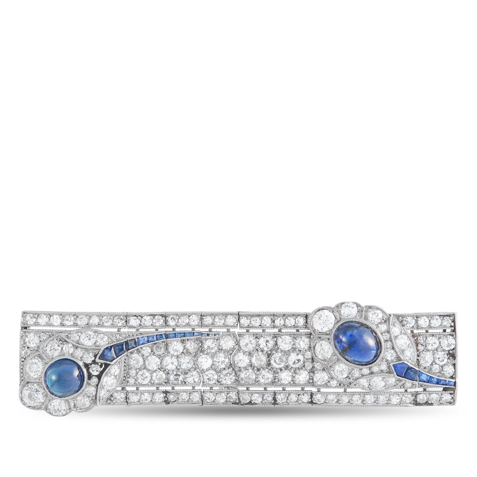 Platinum 4.0ct Diamond and Sapphire Brooch: This brooch is filled with dynamic details. Diamonds with a total weight of 4.0 carats elevate the Platinum setting. Sapphire accents with a total weight of 5.0 carats add a sense of movement to the o