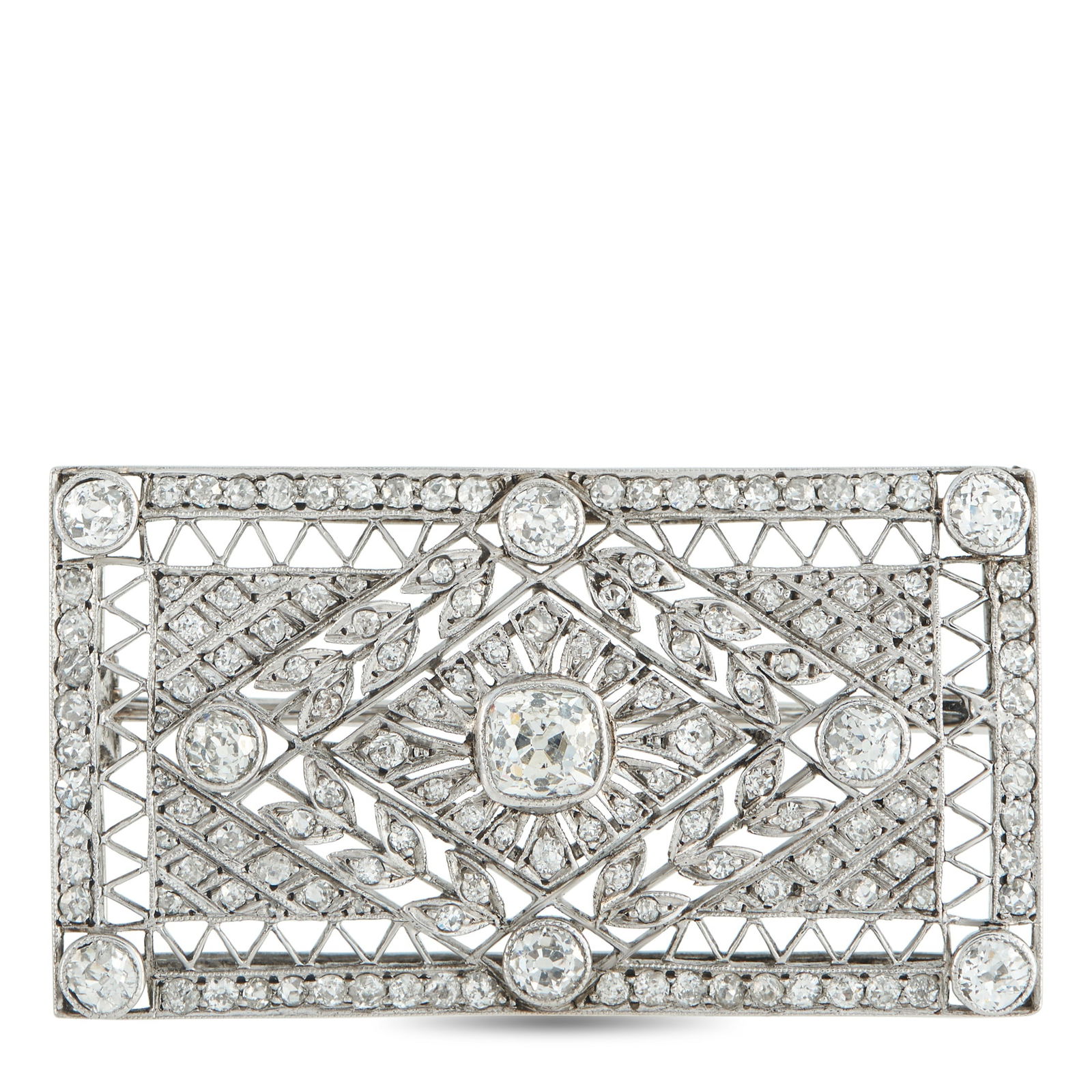 Platinum 3.0ct Diamond Brooch: With an intricate openwork design, this luxury brooch draws inspiration from the Art Deco era. A dazzling array of Diamonds totaling 3.0 carats shine brightly from their place within the Platinum sett