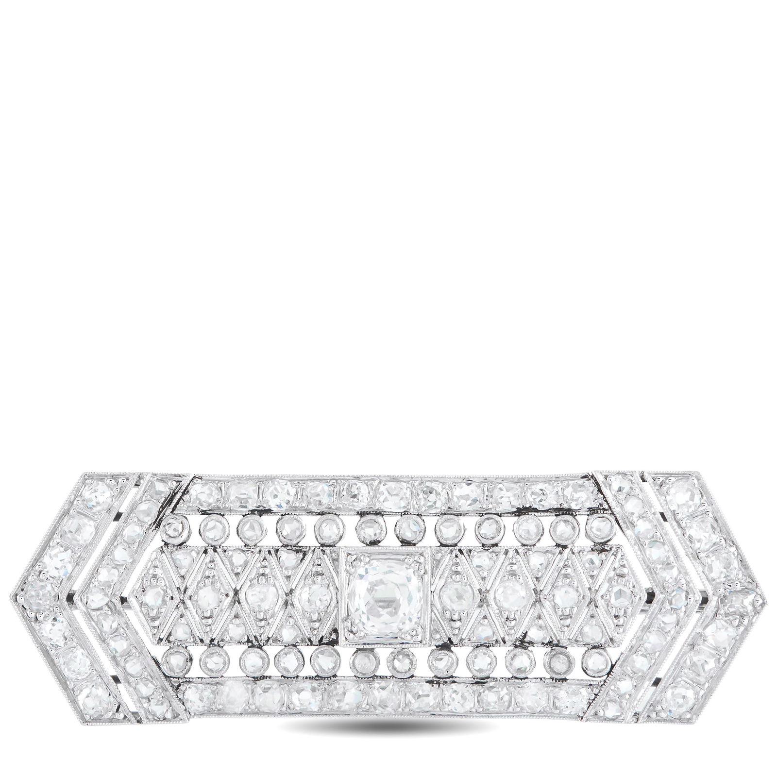 Antique 18K White Gold 3.85ct Diamond French Brooch: Add old fashioned elegance to any ensemble with this exquisite antique French brooch. The symmetrical 18K White Gold setting draws inspiration from Art Deco design, while Diamonds with a total weight