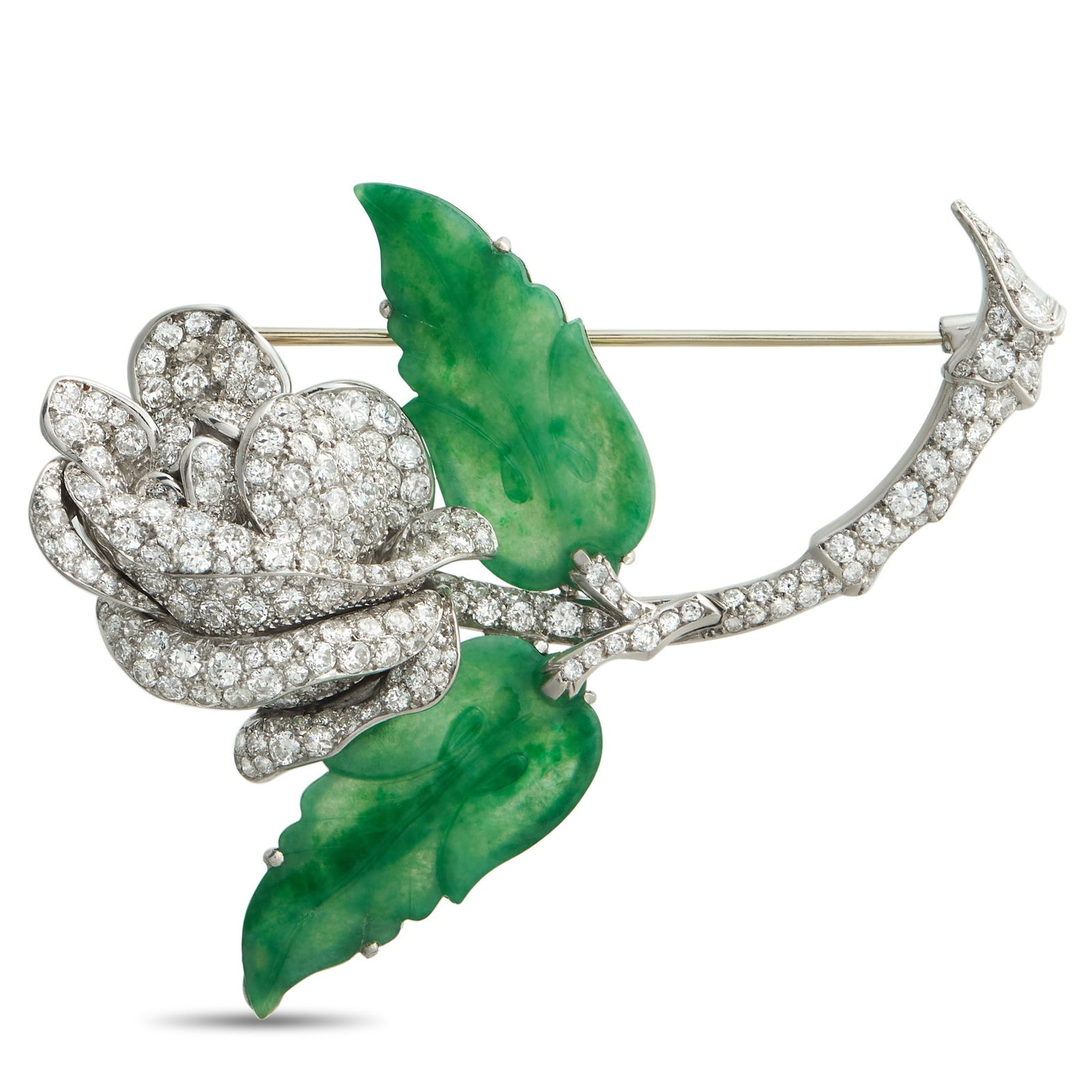 Platinum 4.25ct Diamond and Jade Rose Brooch: This rose-shaped brooch is full of impressive details. The detailed Platinum setting sparkles and shines thanks to a breathtaking array of Diamonds totaling 4.25 carats. Jade leaves add a pop of color