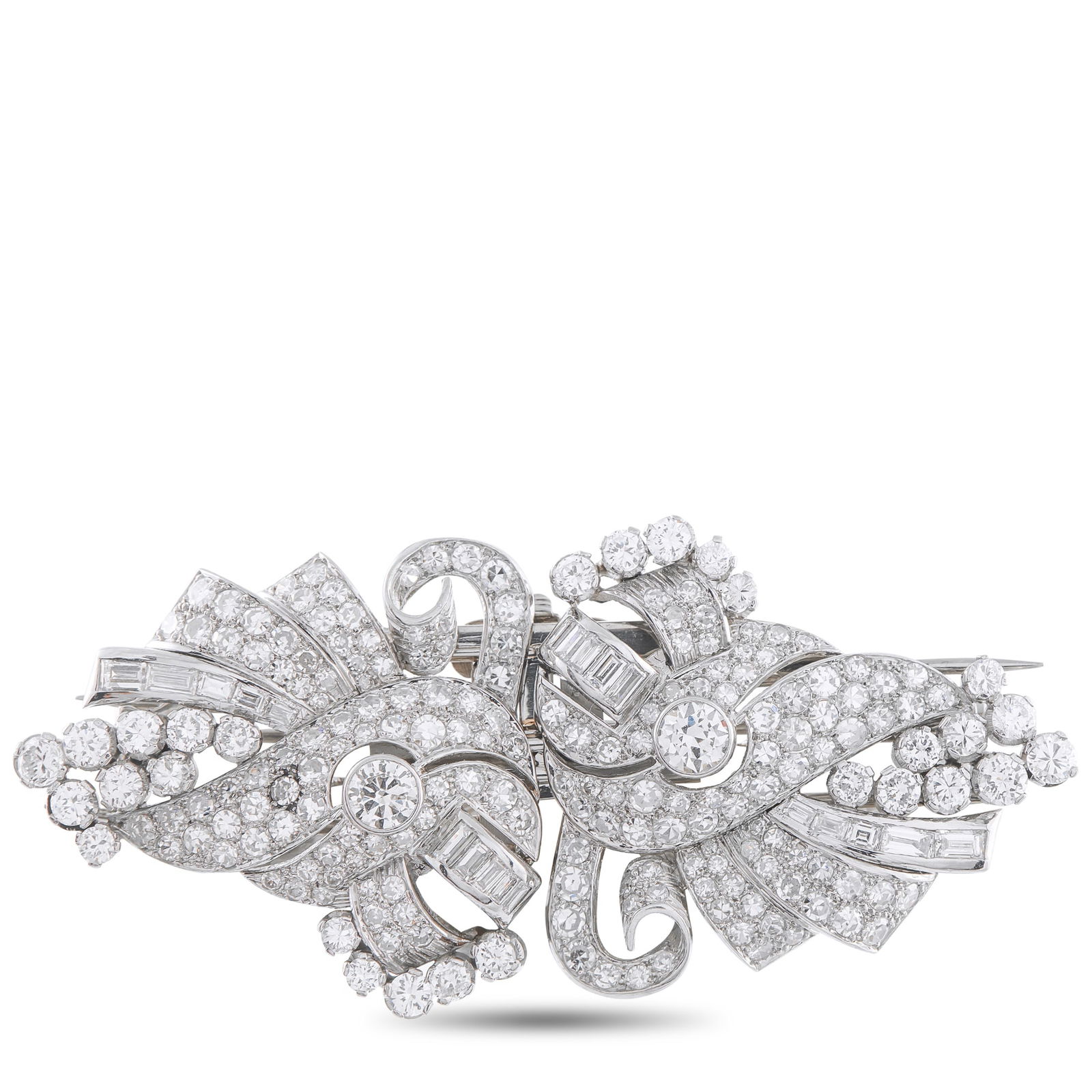 Platinum 8.25ct Diamond Brooch: Sparkling Diamonds with a total weight of 8.25 carats make this luxury brooch endlessly impressive. Crafted from Platinum, it will effortlessly elevate any ensemble and continually catch the light. It