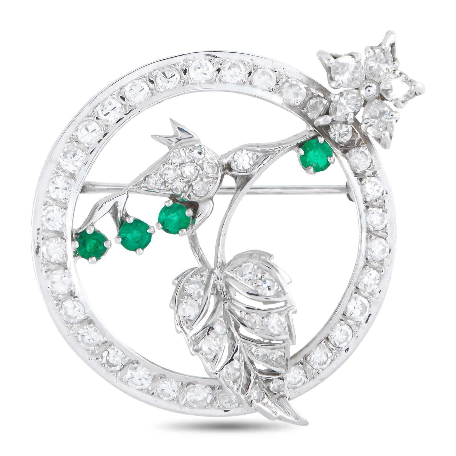 18K White Gold 2.20ct Diamond Brooch: This luxury brooch draws inspiration from nature. Flower and leaf motifs elevate the circular, openwork design. Diamonds totaling 2.20 carats provide endless sparkle, while green gemstones add a strik