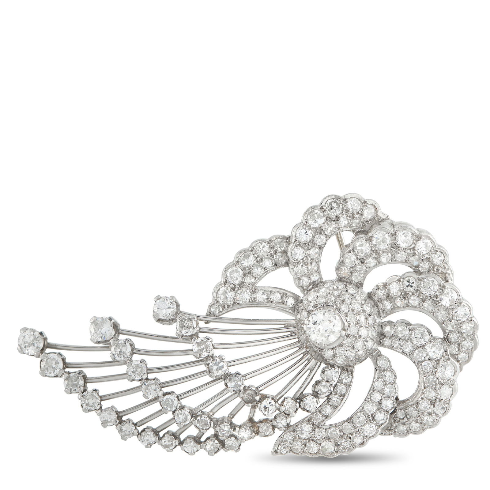 Platinum 5.0ct Diamond Brooch: Exquisite details make this luxury brooch impossible to ignore. Diamonds with a total weight of 5.0 carats allow it to effortlessly emanate light, while intricate Platinum metalwork exudes vintage ele