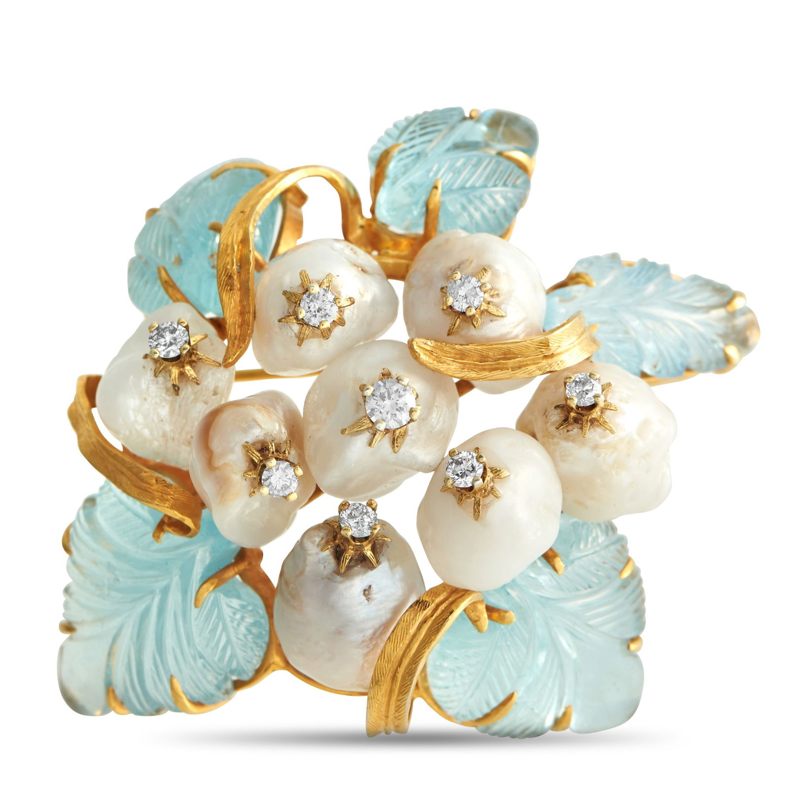 18K Yellow Gold 0.68ct Diamond and Aquamarine and Pearl Brooch: A lush celebration of organic luxury. Like a botanical bouquet, this brooch features a cluster of baroque pearls punctuated by diamonds elevated by dramatic gold prongs. The composition is framed by f