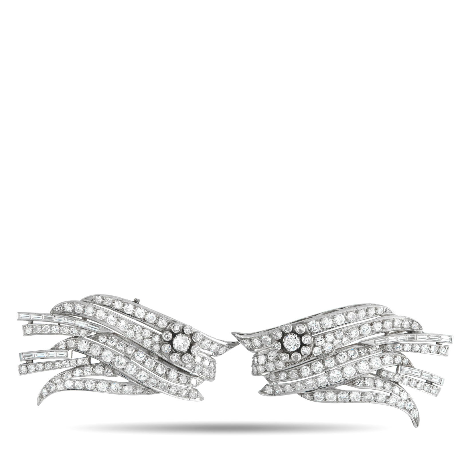 Platinum 9.0ct Diamond Wings Brooch: The brooch for those who like their jewelry with a side of drama. Cast in platinum, this piece features a winged silhouette composed of shimmering ribbons of round diamonds that sweep and curve with a