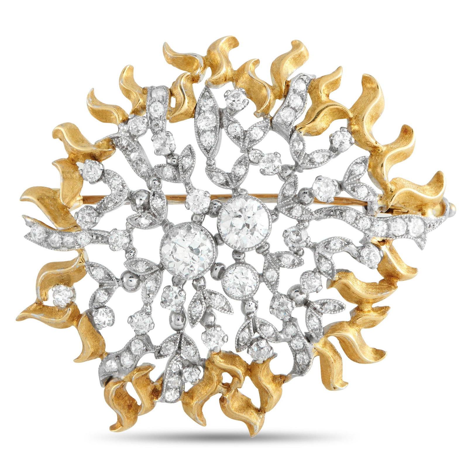 18K White and Yellow Gold 2.0ct Diamond Brooch: This brooch showcases a tightly arranged field of approximately 2.0 carats of diamonds set in white gold, forming a dense, floral-like network of round stones and marquise-shaped links. Surrounding th