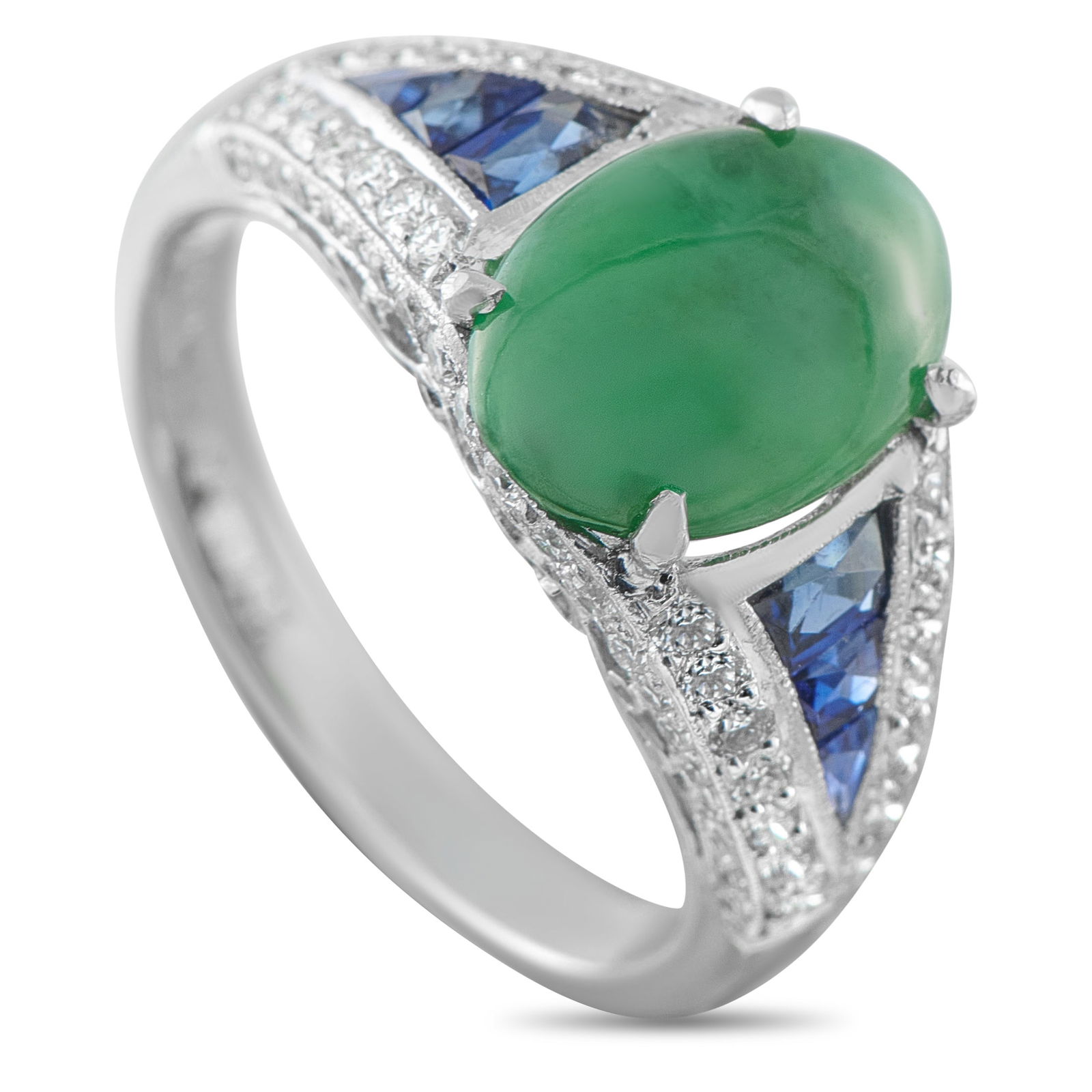 Exclusive Platinum 0.40ct Diamond, Jade, and Sapphire Ring: A stunning combination of colors and textures makes this luxury ring simply unforgettable. The vibrant Jade cabochon center stone is complemented by dazzling blue Sapphires totaling 0.40 carats. Diamo