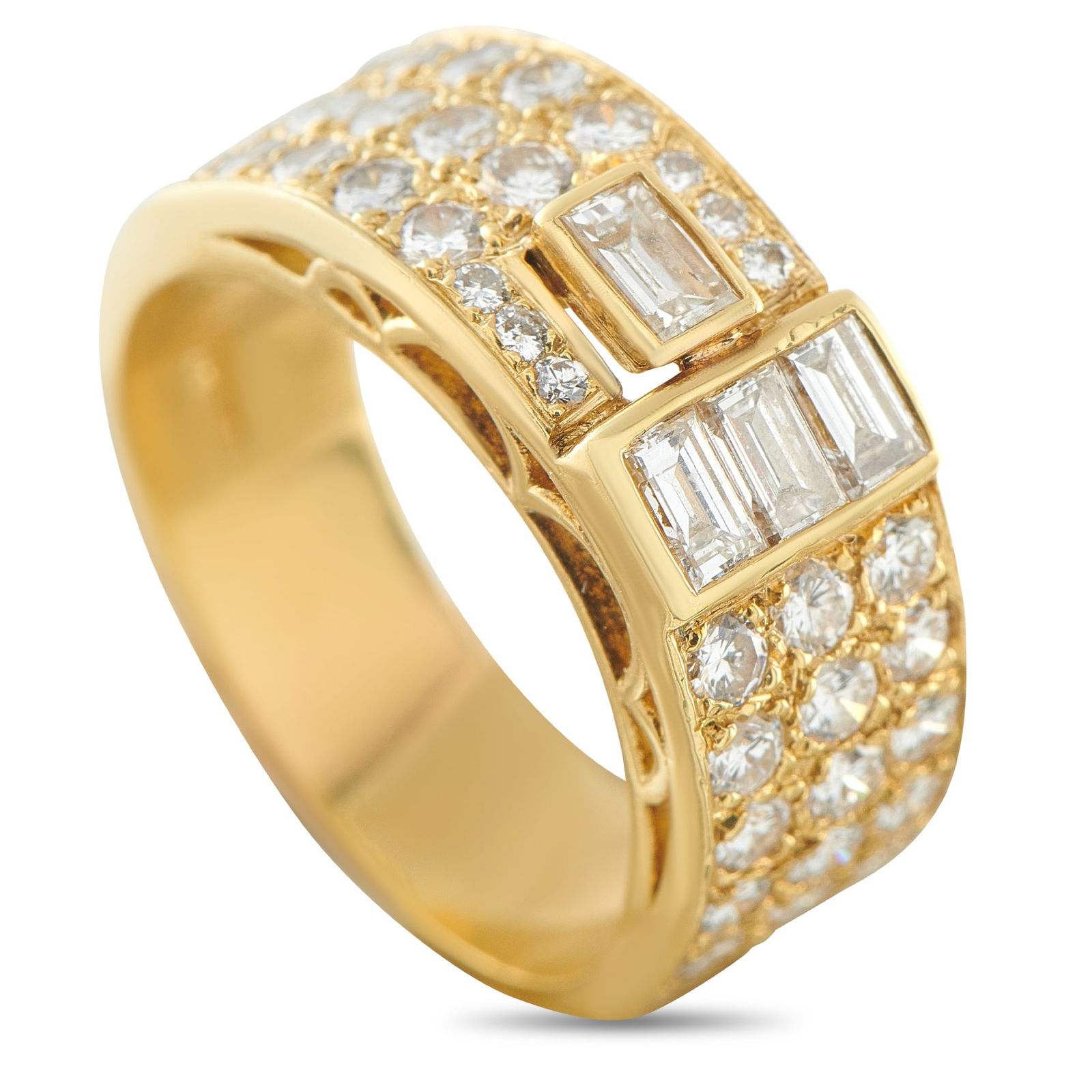 Exclusive 18K Yellow Gold 1.15ct Diamond Ring: This luxury ring is simple and stylish. Diamond baguettes make a statement at the center, while round-cut Diamonds on the sides provide plenty of additional sparkle. Together, this piece includes Diam