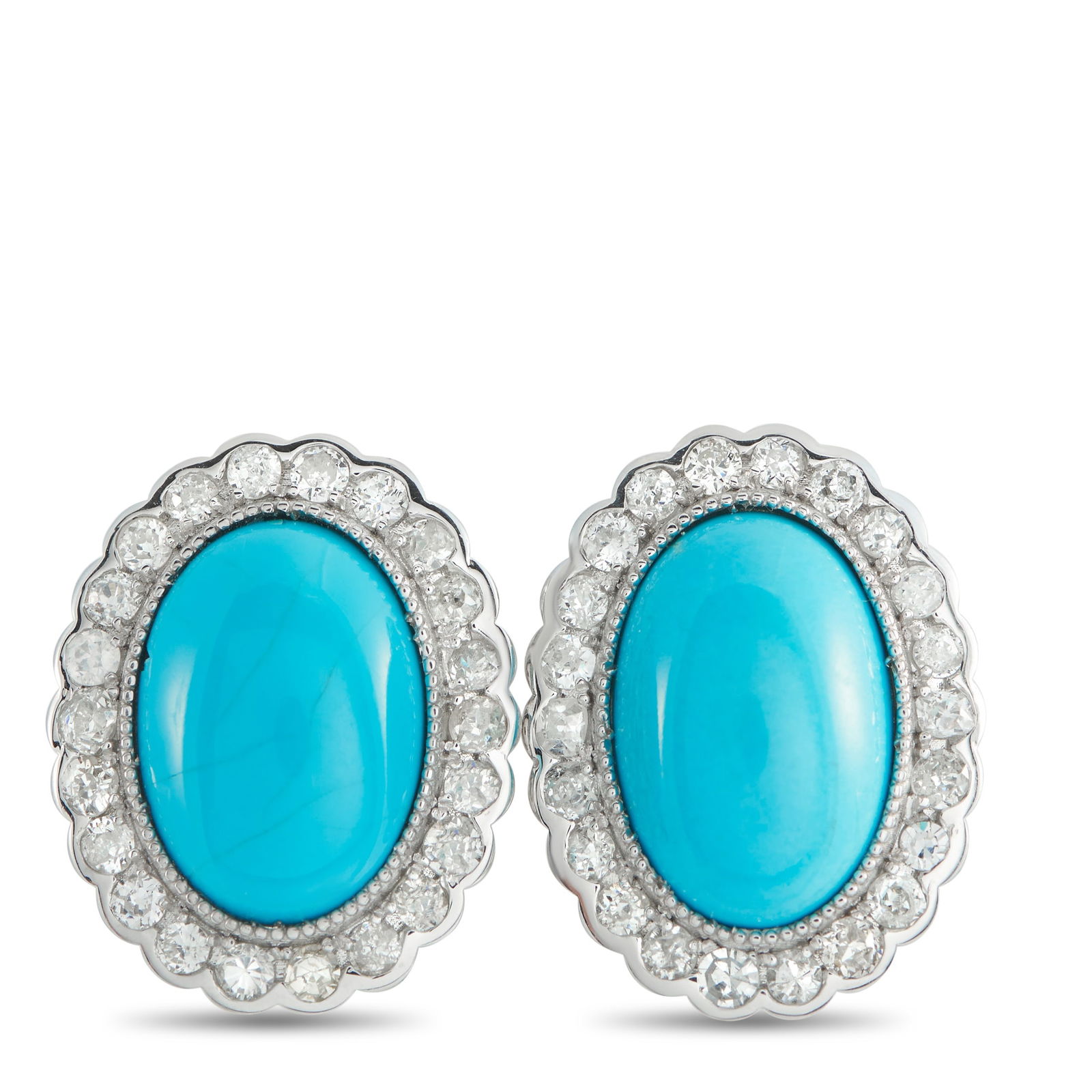 Exclusive Platinum 1.76ct Diamond Earrings: Vibrant cabochons make a statement at the center of these elegant luxury earrings. Set in Platinum, Diamonds with a total weight of 1.76 carats allow them to sparkle along with your every movement. Ea
