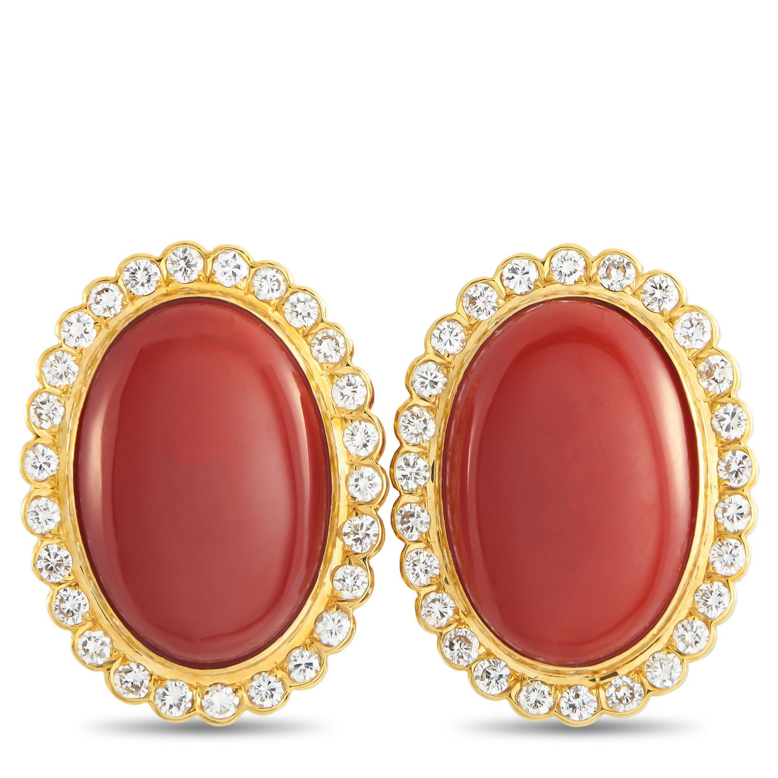 Exclusive 18K Yellow Gold 1.80ct Diamond and Coral Earrings: Coral gemstones allow these earrings to add a stylish pop of color to any ensemble. Set in 18K Yellow Gold, Diamonds totaling 1.80 carats surround the center stones and provide plenty of sparkle. Each