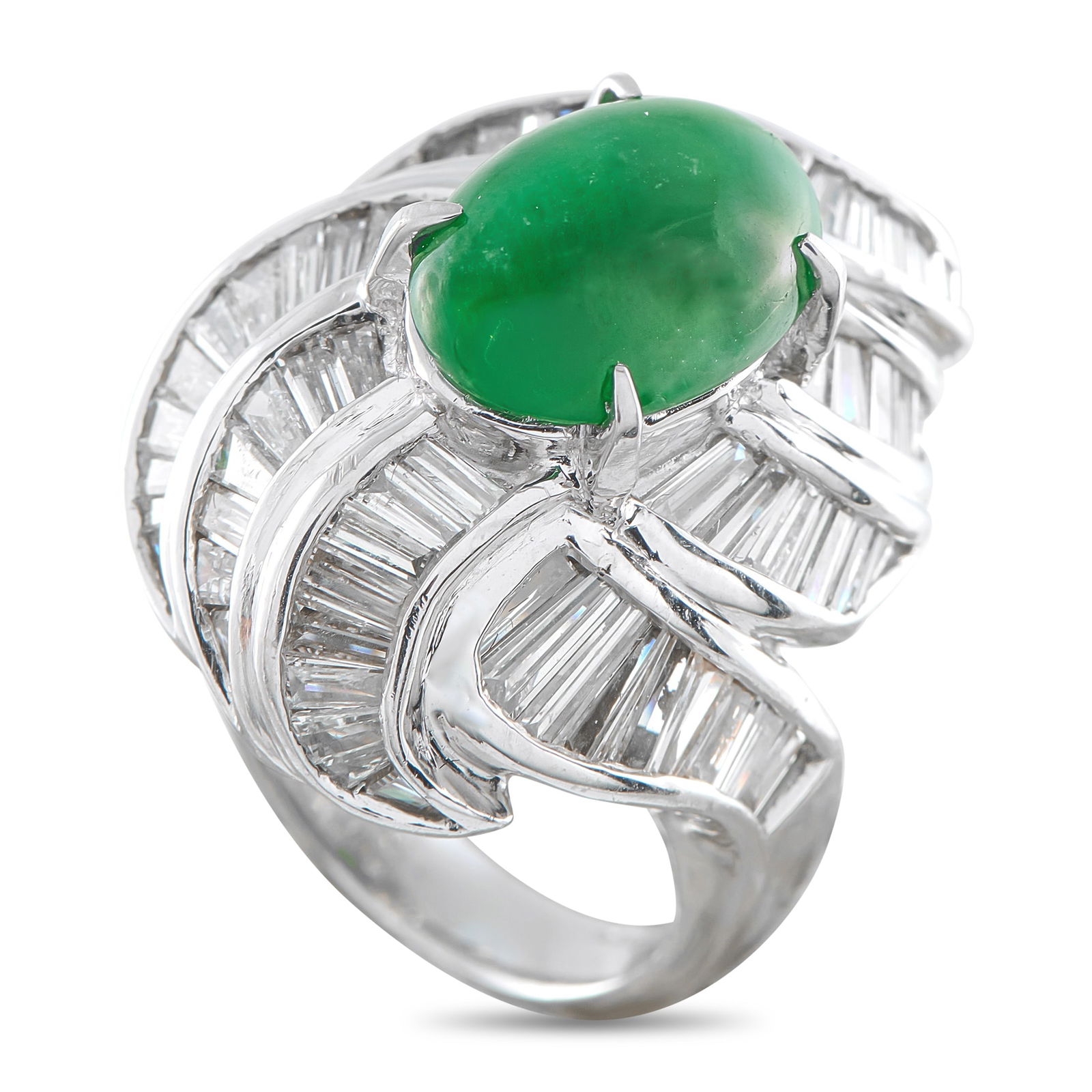 Exclusive Platinum 4.02ct Diamond and Jade Ring: A vibrant Jade cabochon serves as a stunning focal point at the center of this exquisite luxury ring. Set in Platinum, Diamond baguettes with a total weight of 4.02 carats provide this piece with endl