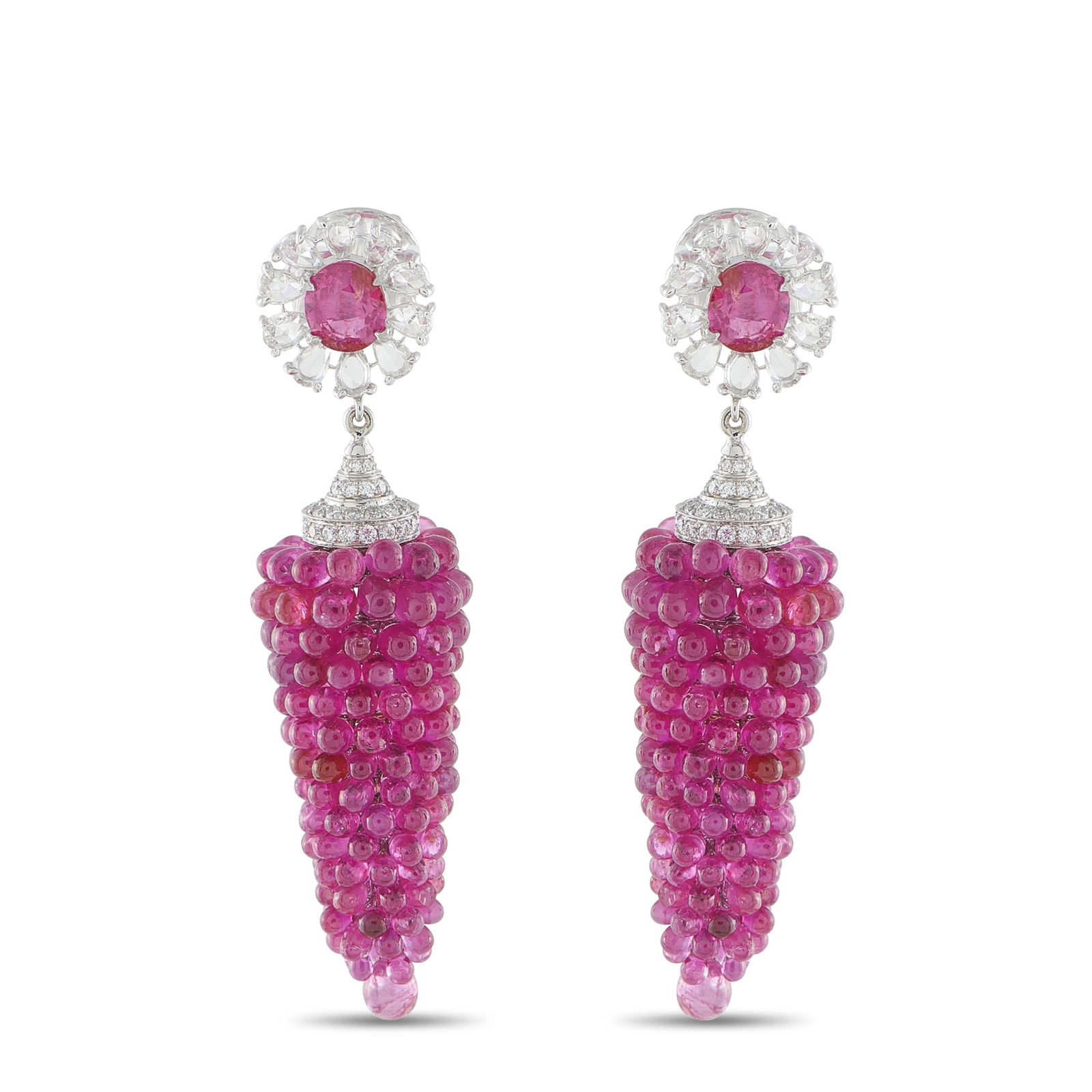 Exclusive 18K White Gold 1.50ct Diamond and Ruby Earrings: These earrings offer a uniquely elegant design that is simply unforgettable. Ruby gemstones with a total weight of 22.0 carats accent the base and are arranged in a hanging cluster below the 18K White