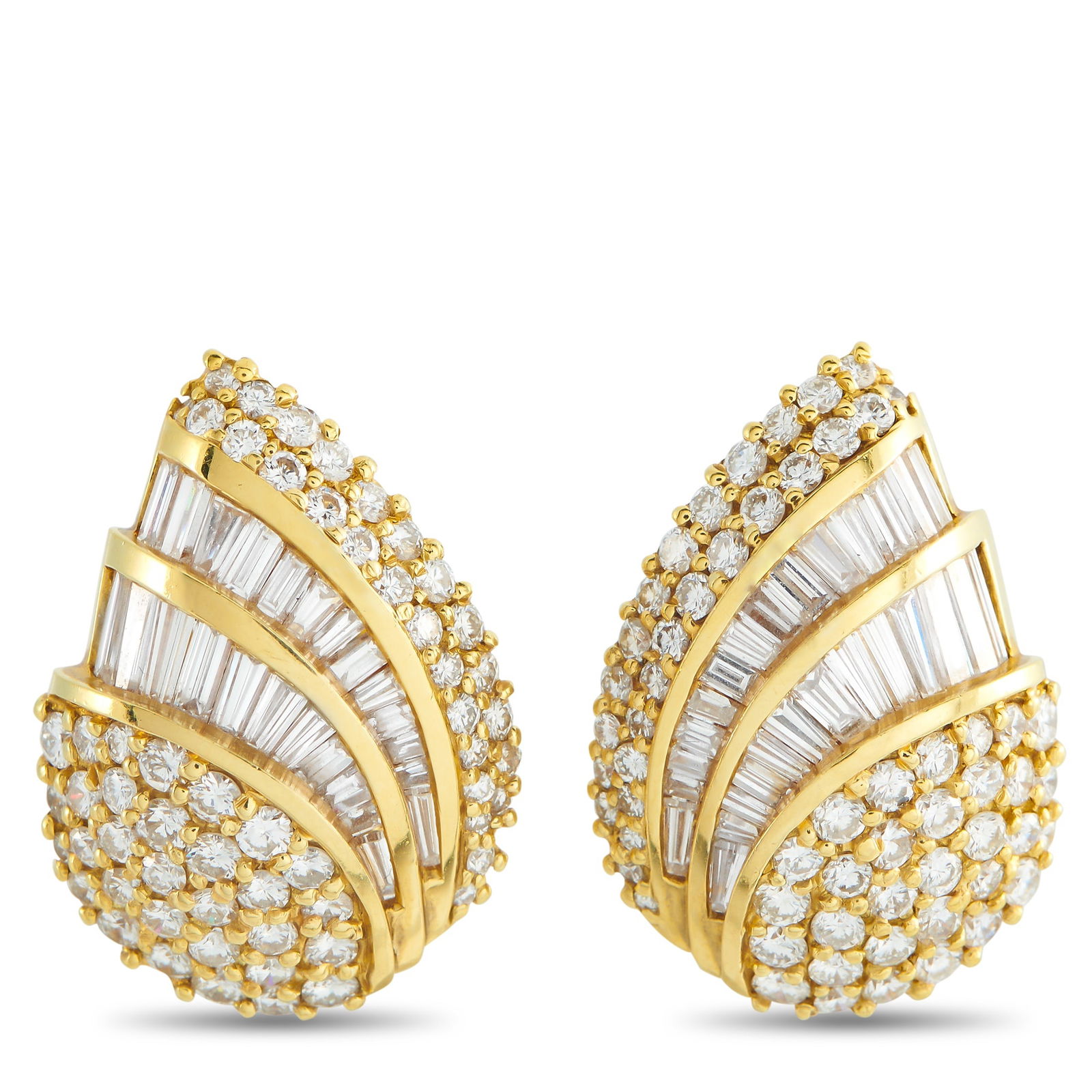 Exclusive 18K Yellow Gold 5.33ct Diamond Clip-On Earrings: Round-cut Diamonds and Diamond baguettes with a total weight of 5.33 carats make these earrings positively radiant. Crafted from 18K Yellow Gold, the dynamic setting adds extra visual impact to the st
