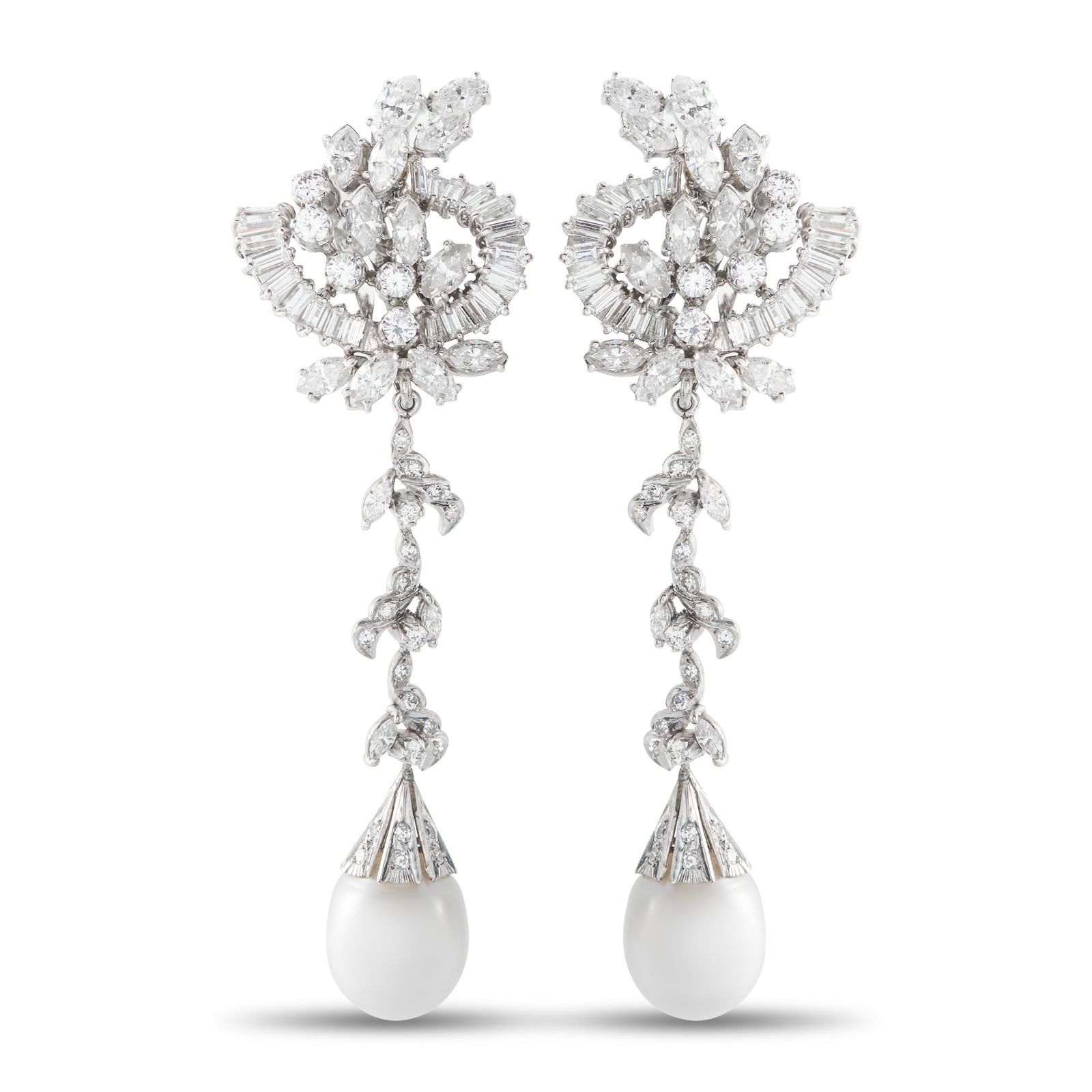 Exclusive Platinum 7.0ct Diamond and Pearl Earrings: Pearls measuring 12.2mm dangle delicately on these radiant earrings. Set in Platinum, Diamonds with a total weight of 7.0 carats make them impressive enough for even your most special occasions. Each