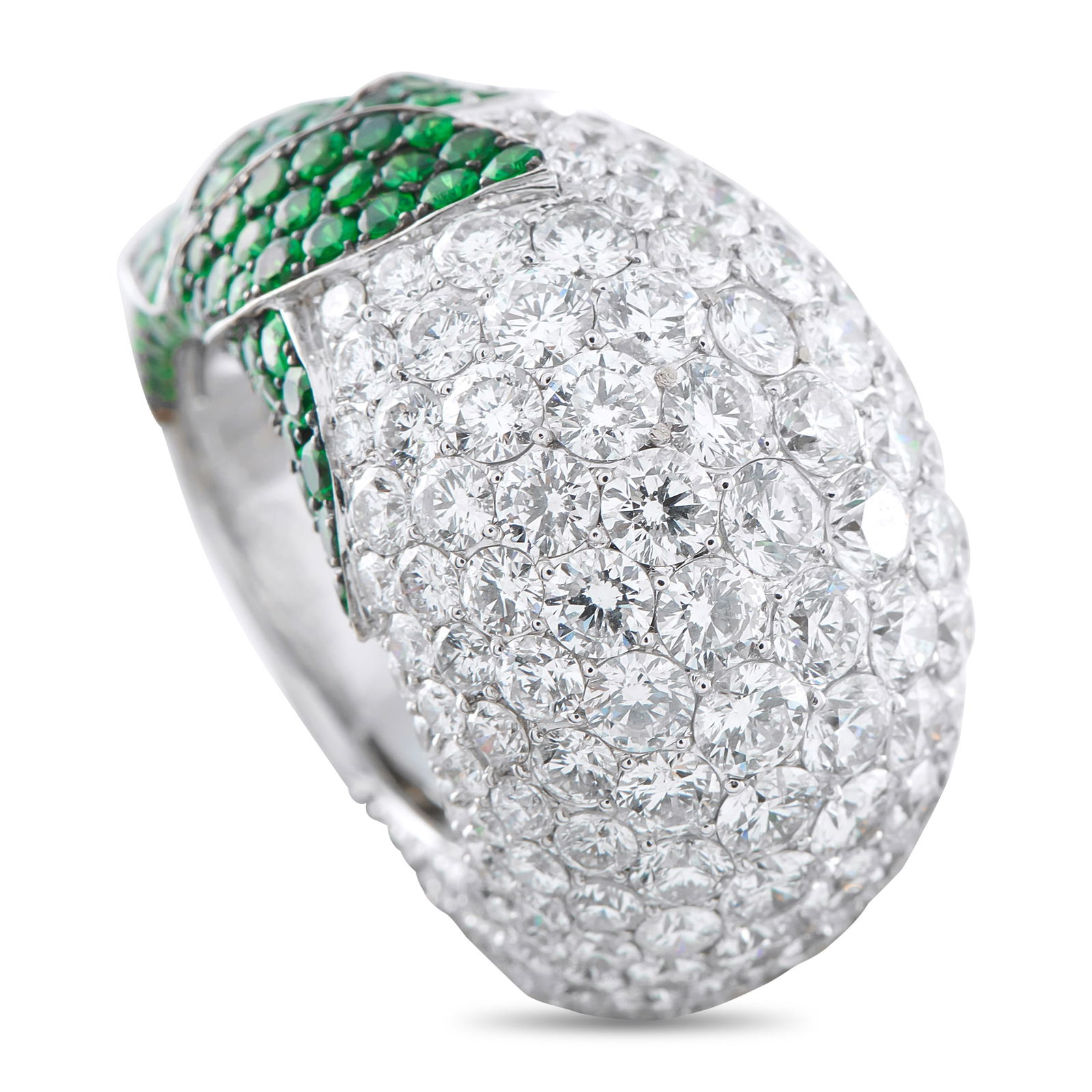 Exclusive 18K White Gold 9.50ct Diamond and Sapphire Ring: This luxury ring will continually captivate. Pave Diamonds totaling 9.50 carats allow this piece to seemingly radiate light. At the side of the domed 18K White Gold setting, Sapphires totaling 1.85 ca