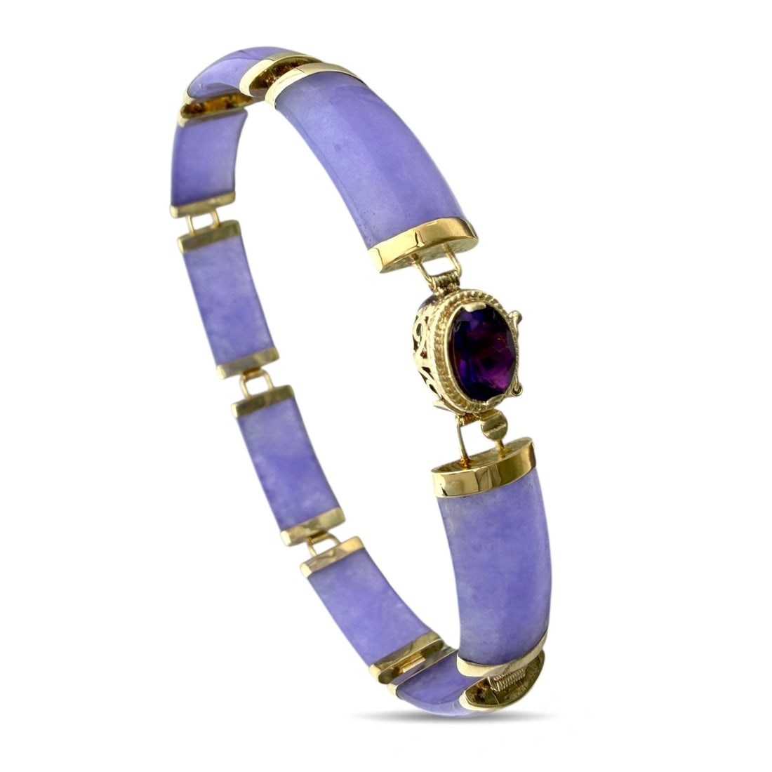 14 kt. Yellow gold, Exclusive 14K Yellow Gold Rectangular Link Bracelet with Lavender Jade and: Exclusive 14K Yellow Gold Rectangular Link Bracelet with Lavender Jade and AmethystThis delicate 14K yellow gold bracelet features elongated rectangular links accented by a single amethyst stone, crea
