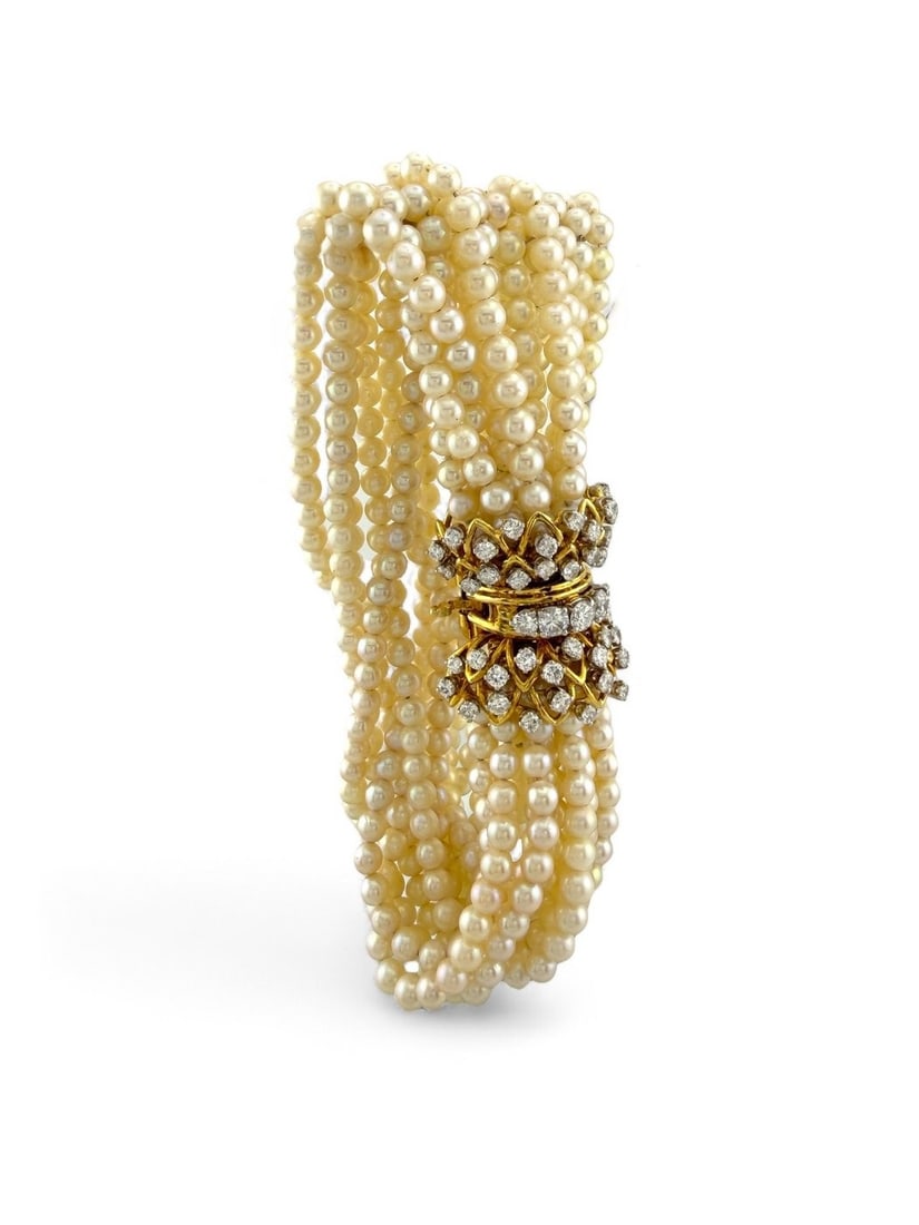 18 kt. Antique 18K Yellow Gold Multi-Strand Pearl and 4.30ct Diamond Bracelet, Yellow gold - (1 of 10)