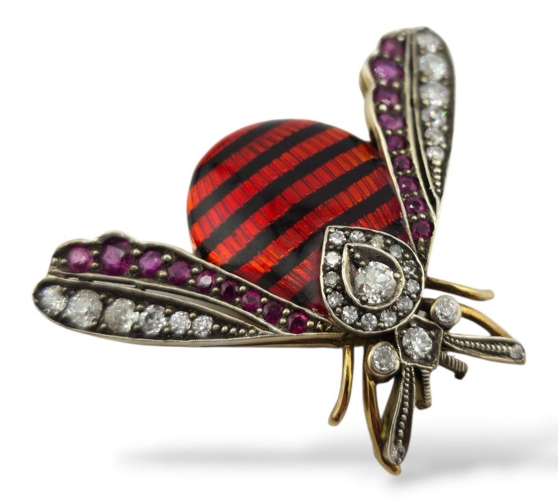 Brooch - 14 kt. Yellow gold, Imperial Russian 56K Gold ( 14k gold) Enamel and Diamond Brooch (1 of 6)